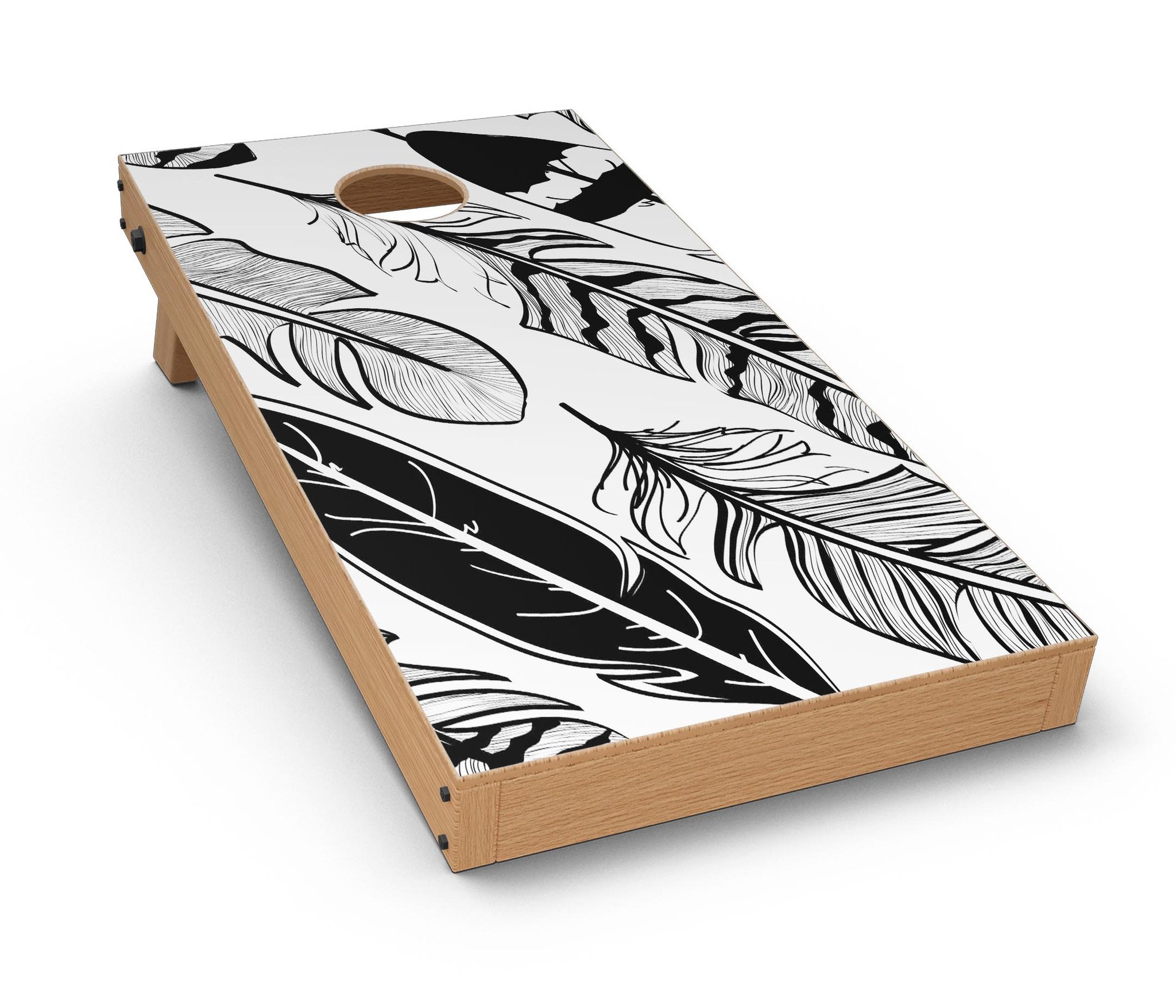 Vector Black and White Feathers Cornhole Board Skin Decal Kit displayed on a Cornhole board, showcasing its elegant design.