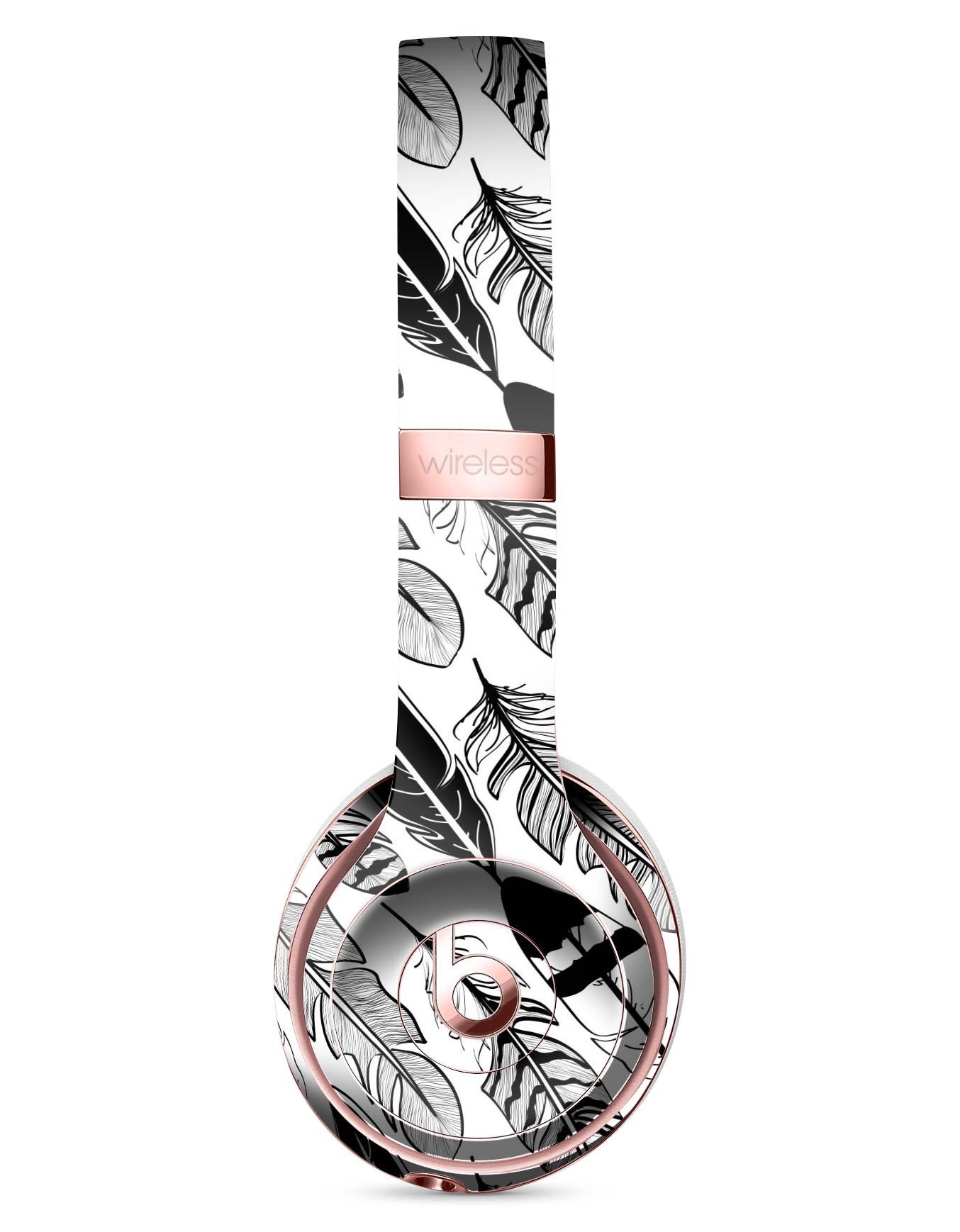 Vector Black and White Feathers Full-Body Skin Kit for Beats by Dre Solo 3 Wireless Headphones, showcasing a stylish feather design.