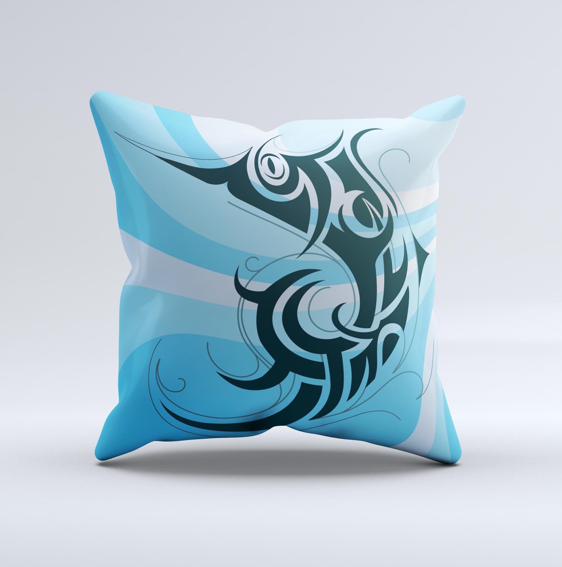 Vector Blue Abstract Fish Ink-Fuzed Decorative Throw Pillow showcasing vibrant blue tones and unique handcrafted design.