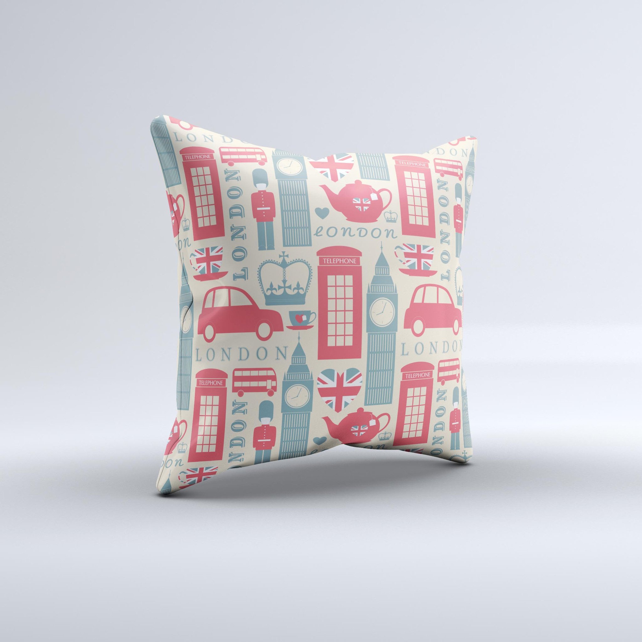 Vector London Time Red Ink-Fuzed Decorative Throw Pillow showcasing vibrant red ink design on a high thread count fabric.