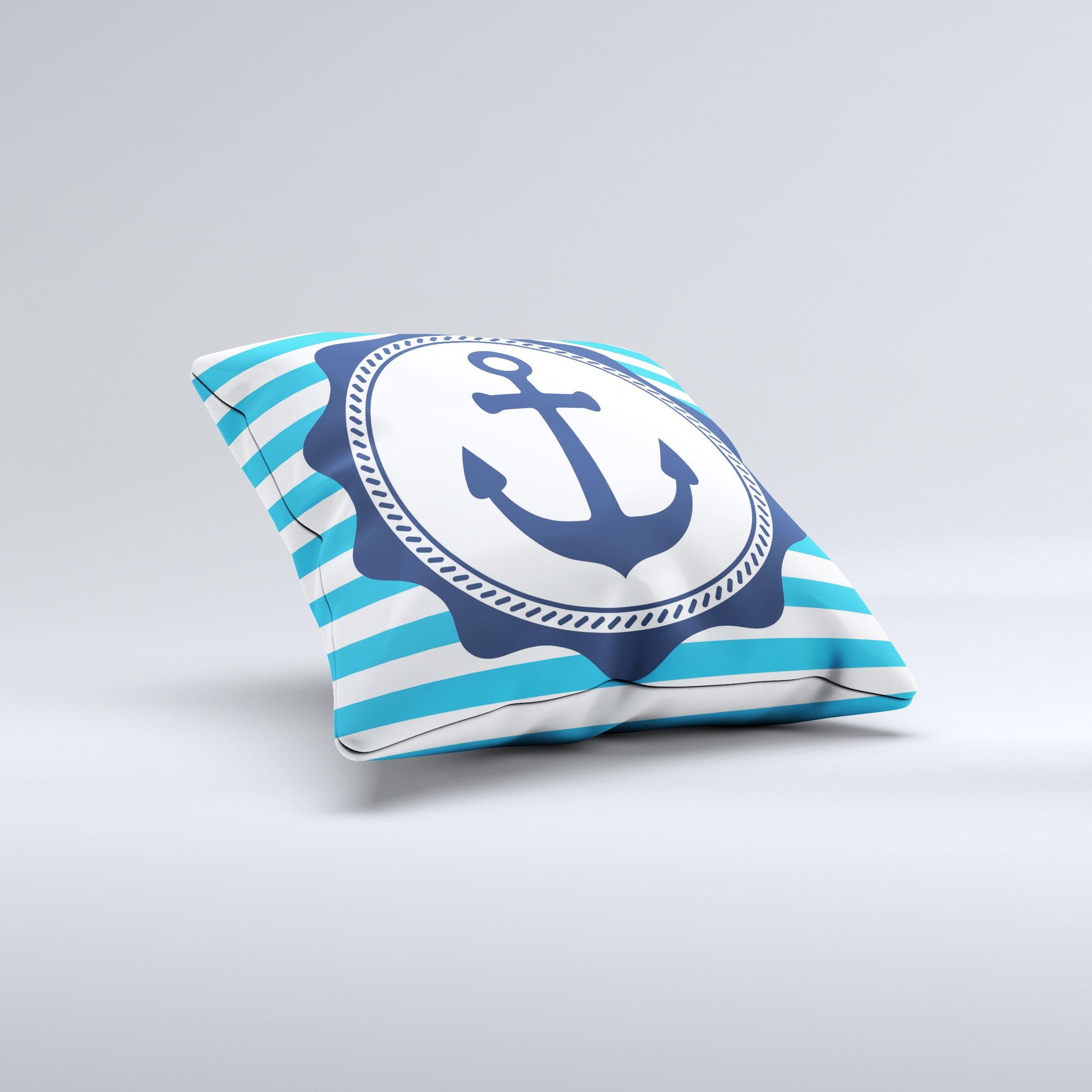 Vector Navy Anchor decorative throw pillow with blue stripes, showcasing a unique handmade design.