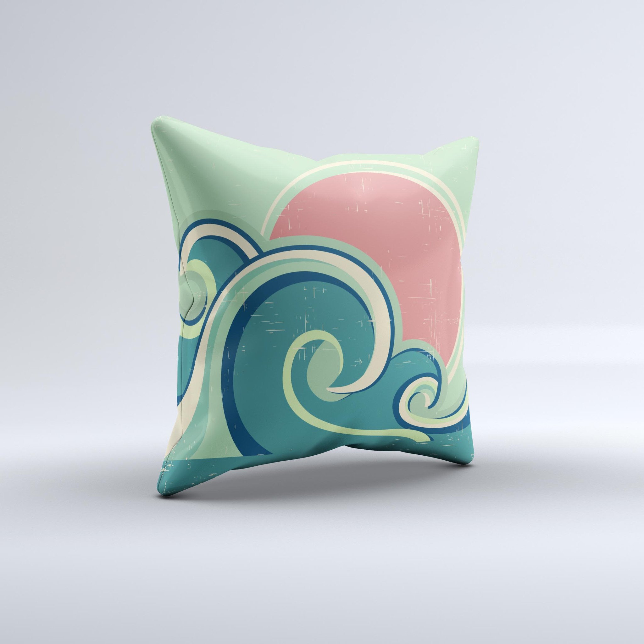 Vector Retro Green Waves decorative throw pillow with vibrant green wave patterns, handcrafted in Virginia, showcasing unique imperfections.
