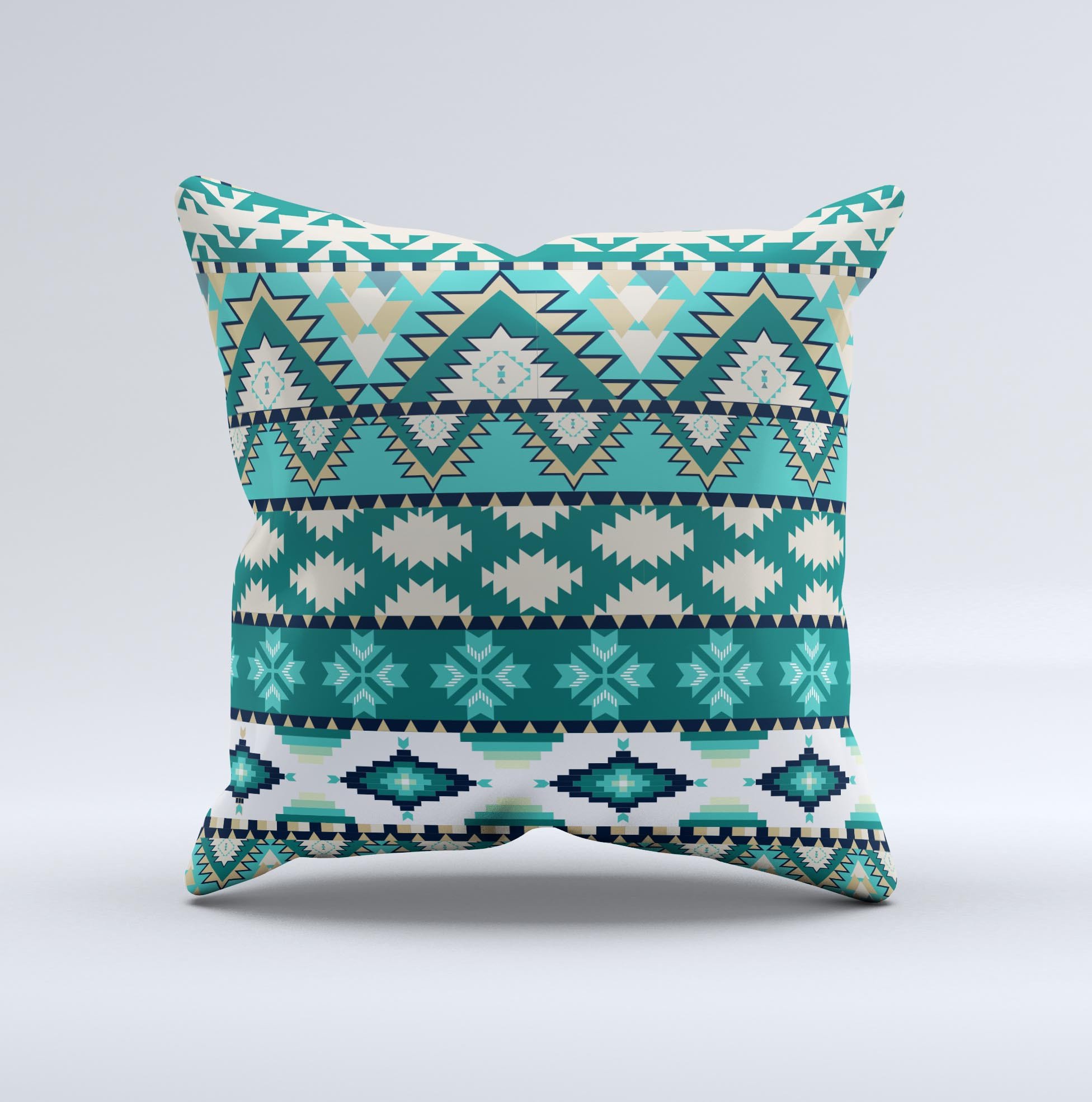 Vector Teal & Green Aztec Pattern Ink-Fuzed Decorative Throw Pillow showcasing vibrant colors and unique design, handcrafted in Virginia.