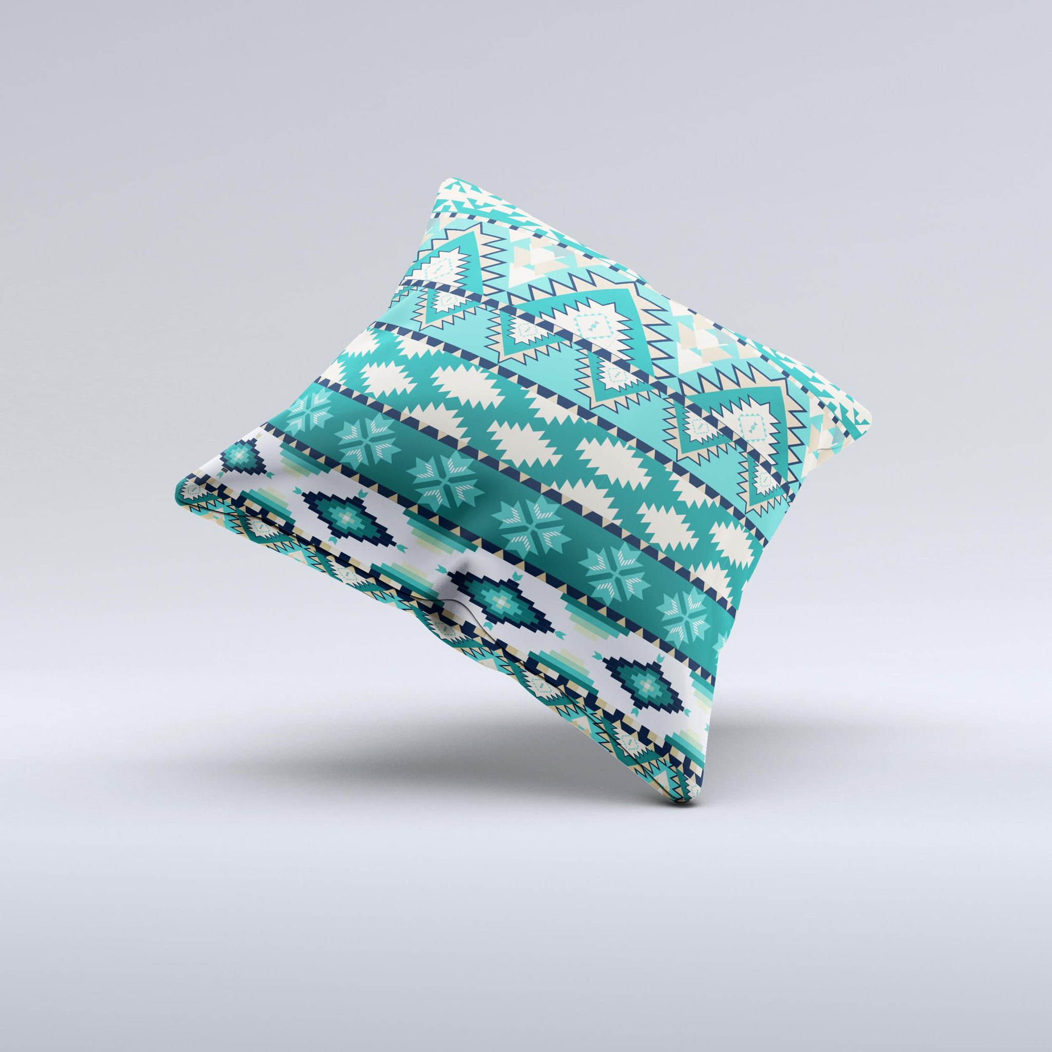 Vector Teal & Green Aztec Pattern Ink-Fuzed Decorative Throw Pillow showcasing vibrant colors and unique design, handcrafted in Virginia.