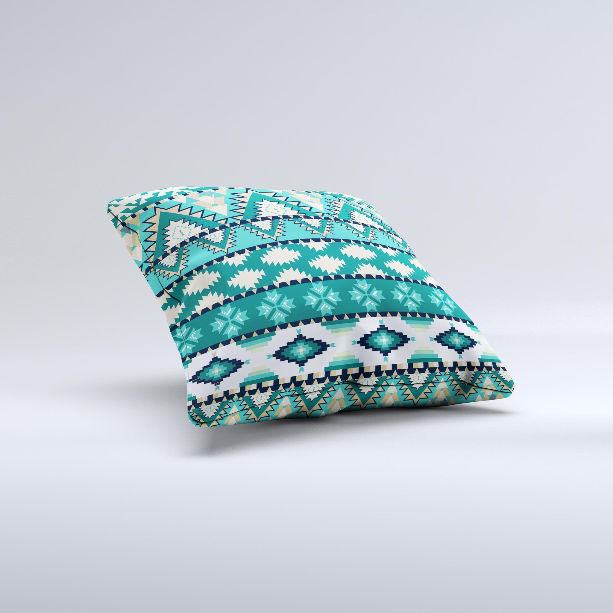 Vector Teal & Green Aztec Pattern Ink-Fuzed Decorative Throw Pillow showcasing vibrant colors and unique design, handcrafted in Virginia.