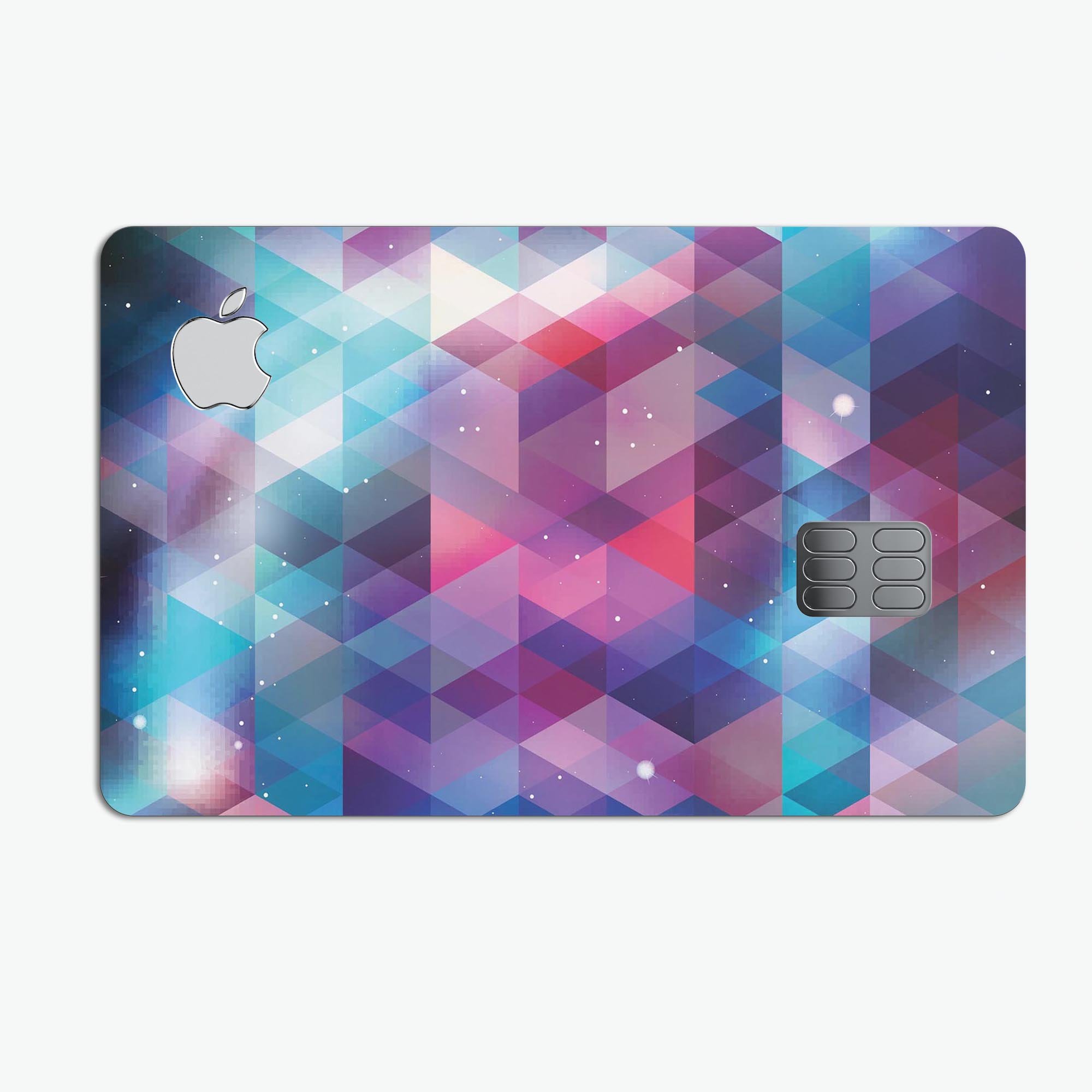 Vector Triangle Pink and Blue Galaxy decal on an Apple Card, showcasing vibrant colors and a stylish design.