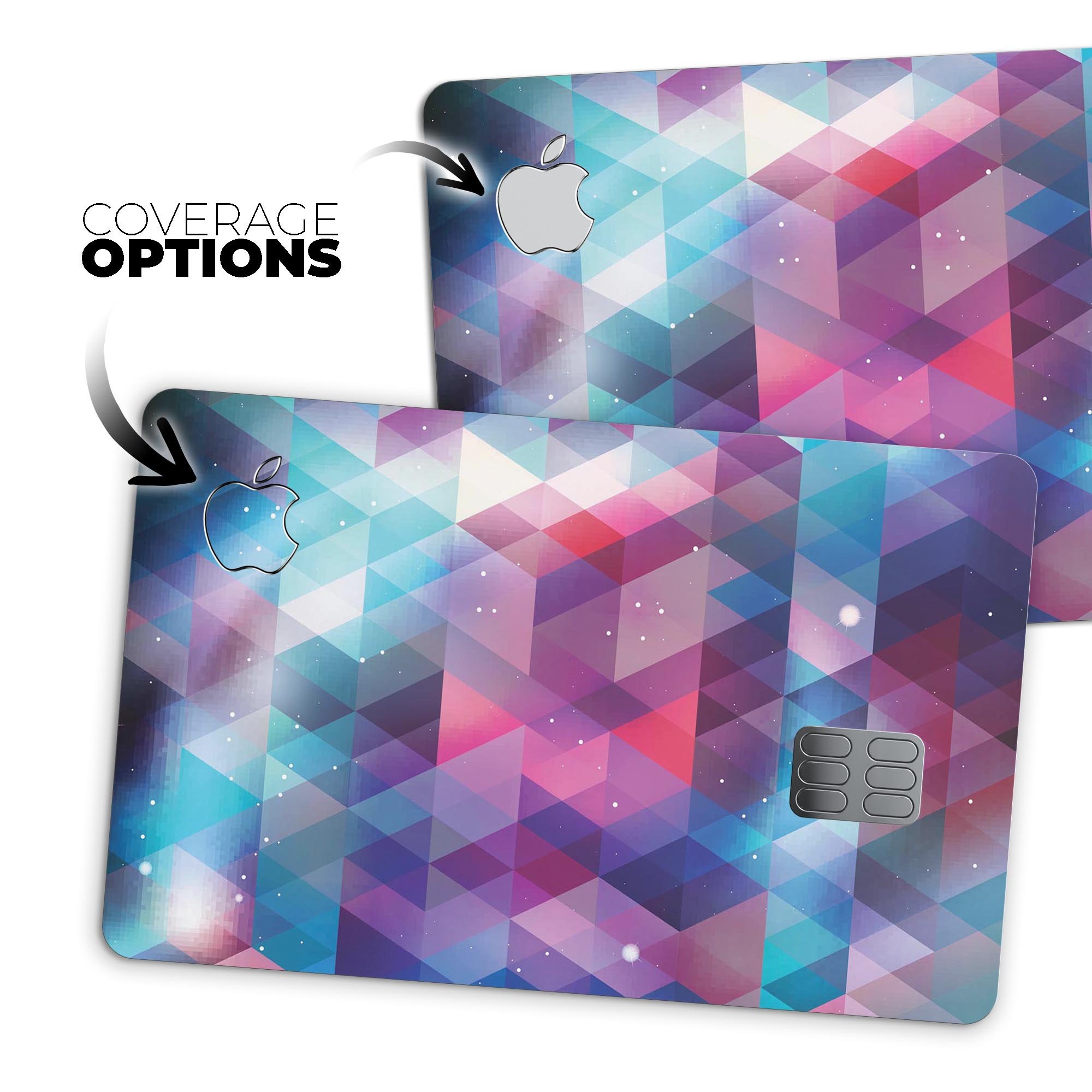Vector Triangle Pink and Blue Galaxy decal on an Apple Card, showcasing vibrant colors and a stylish design.