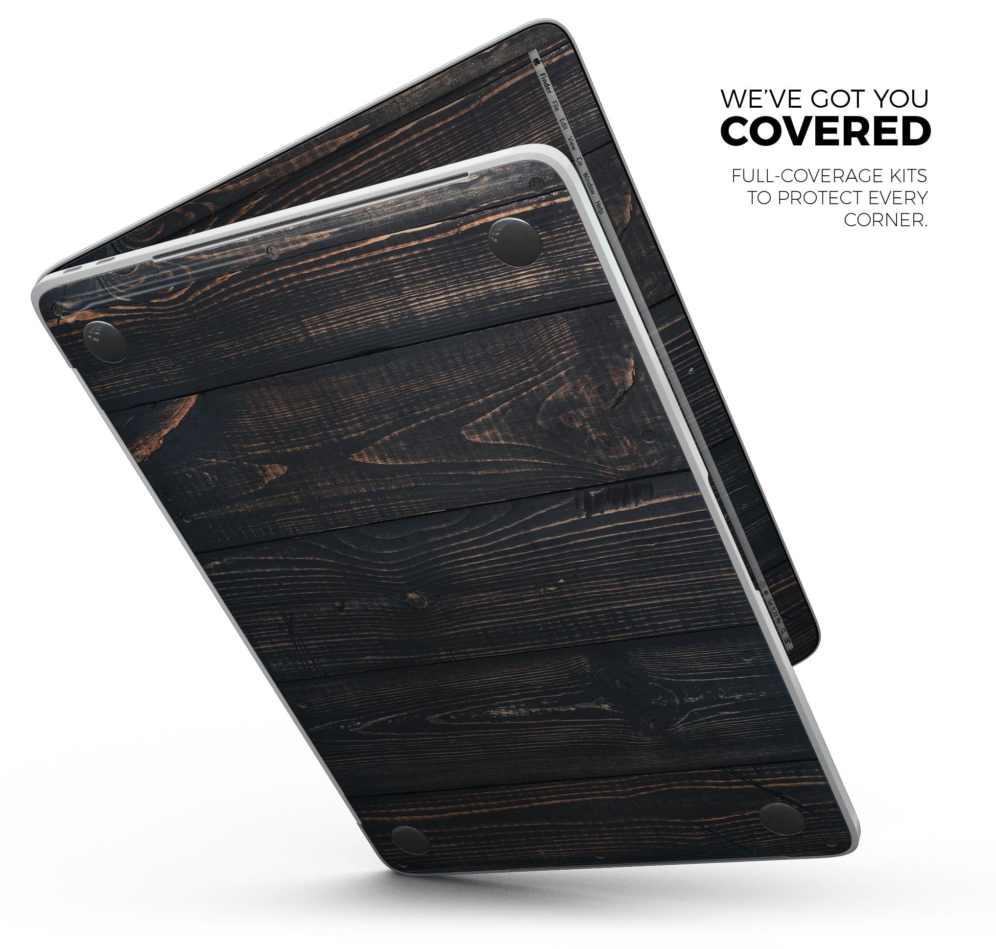 Vertical Blackwashed Woodgrain Skin Decal Wrap Kit for Apple MacBook, showcasing a stylish woodgrain design.