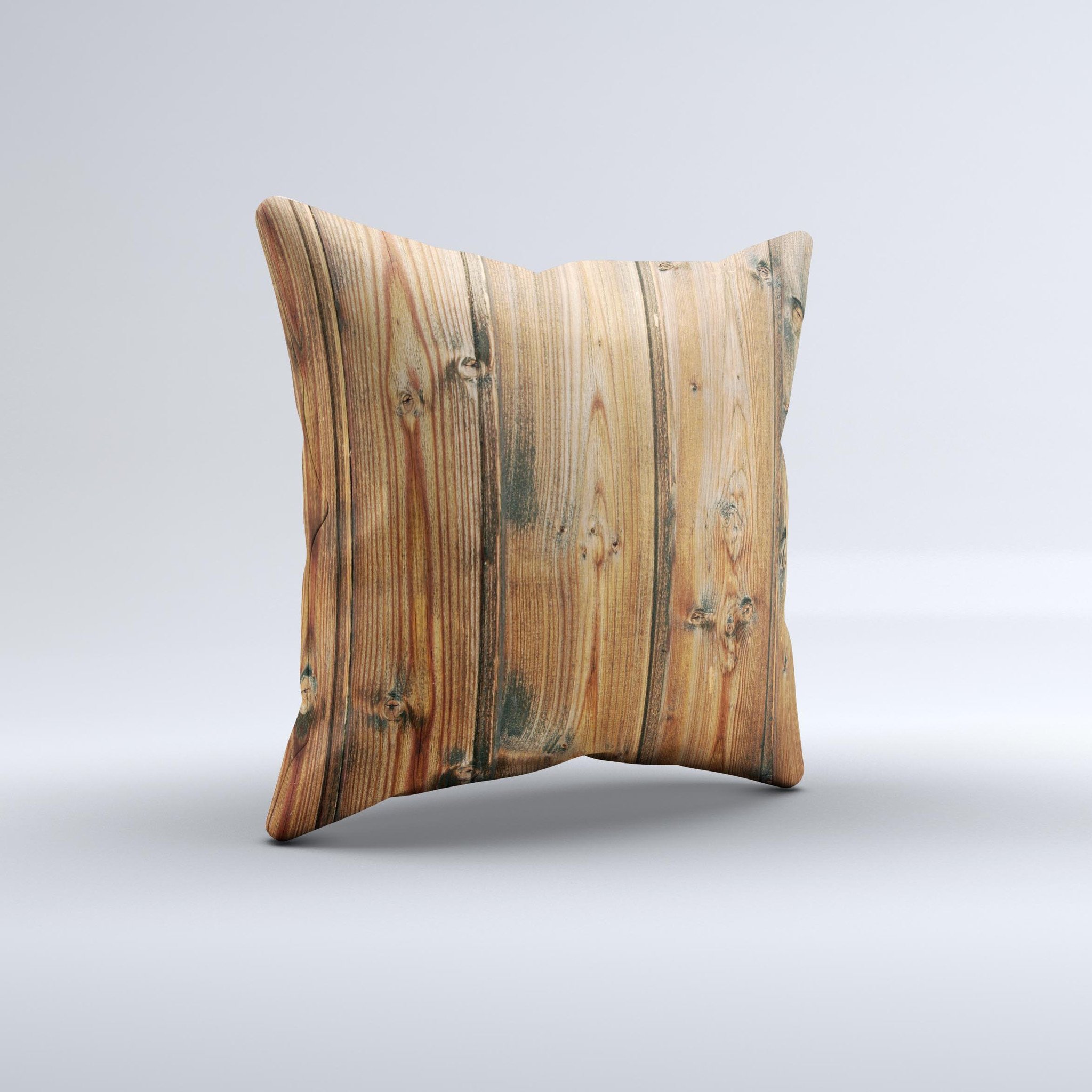 Vertical Raw Aged Wood Planks Ink-Fuzed Decorative Throw Pillow showcasing a unique design with a rustic wood pattern, handcrafted in Virginia.