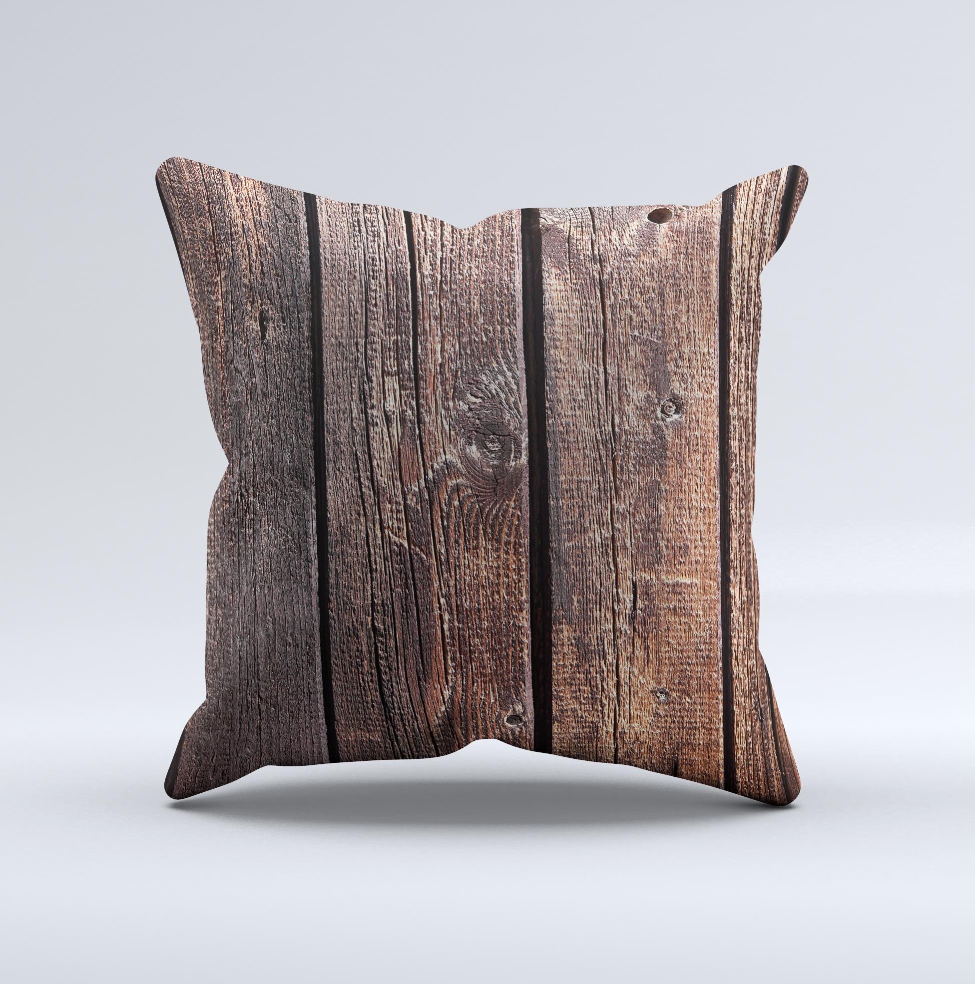 Vetrical Raw Dark Aged Wood Planks Ink-Fuzed Decorative Throw Pillow showcasing unique handmade design and high-quality fabric.