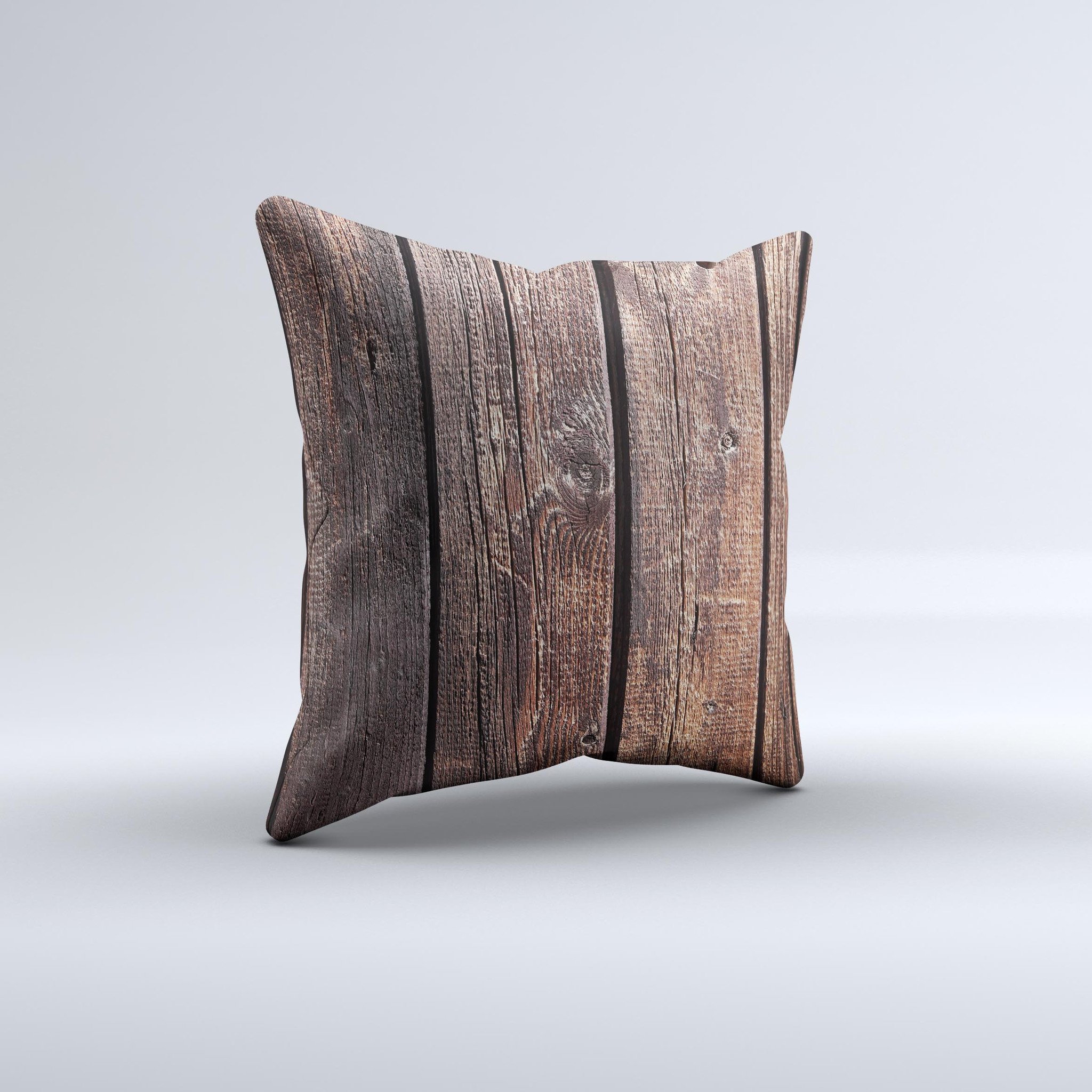 Vetrical Raw Dark Aged Wood Planks Ink-Fuzed Decorative Throw Pillow showcasing unique handmade design and high-quality fabric.