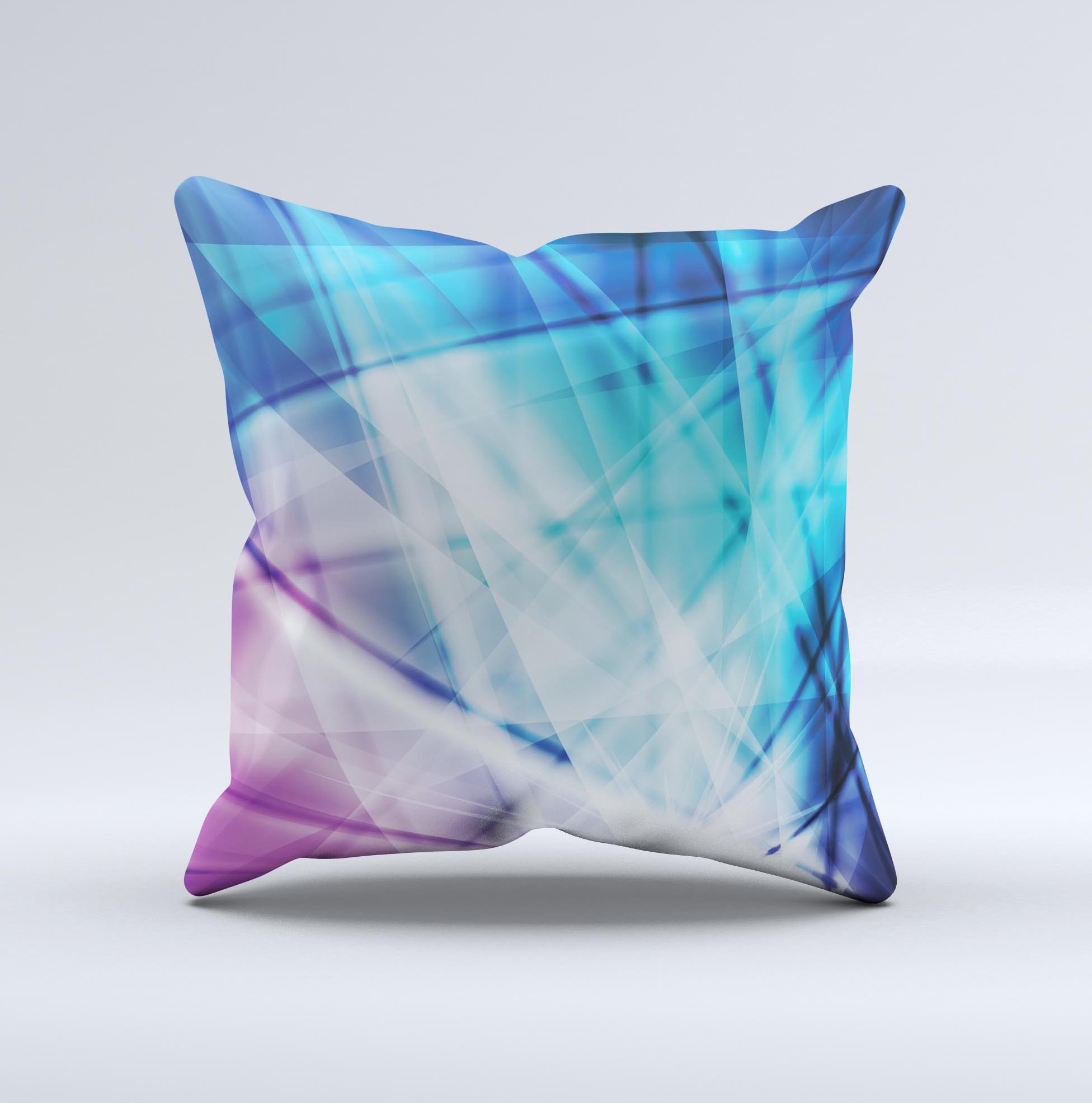 Vibrant blue and pink decorative throw pillow with HD shards design, handcrafted in Virginia, showcasing unique patterns and textures.