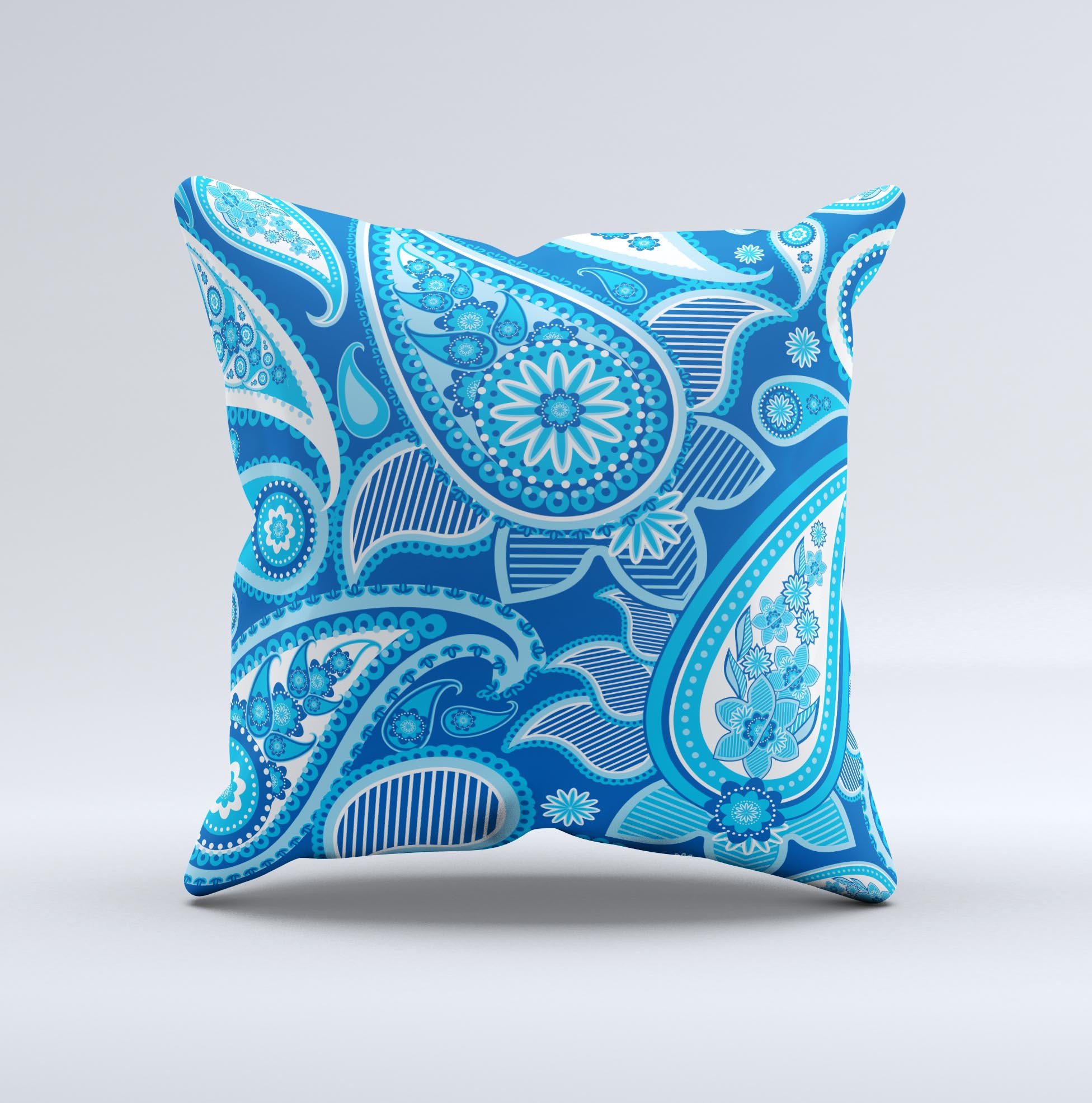 Vibrant blue paisley design decorative throw pillow, handcrafted with high thread count fabric and polyester filling.