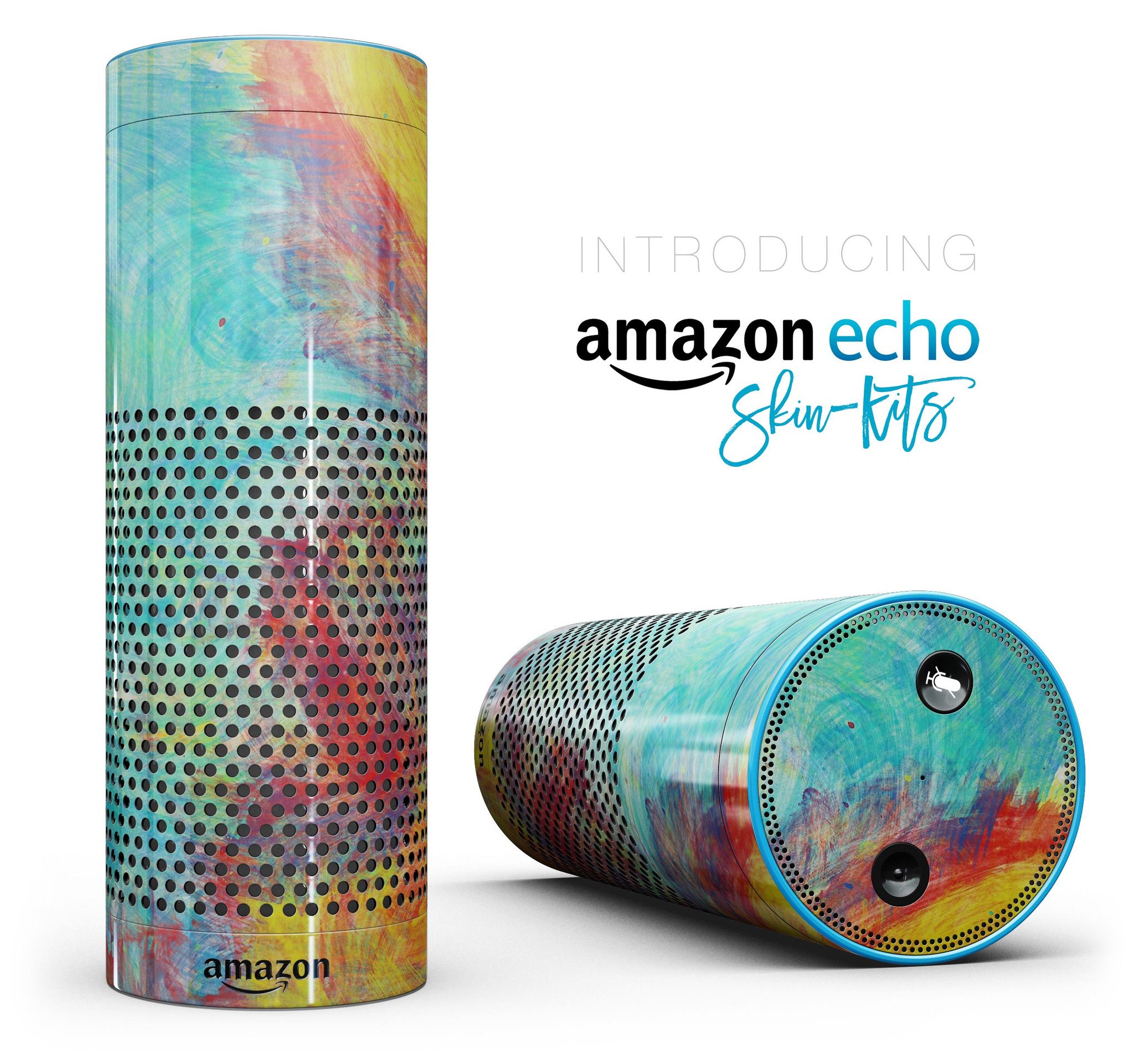 Vibrant colored messy painted canvas skin-kit for Amazon Echo, showcasing artistic designs and full-body coverage.