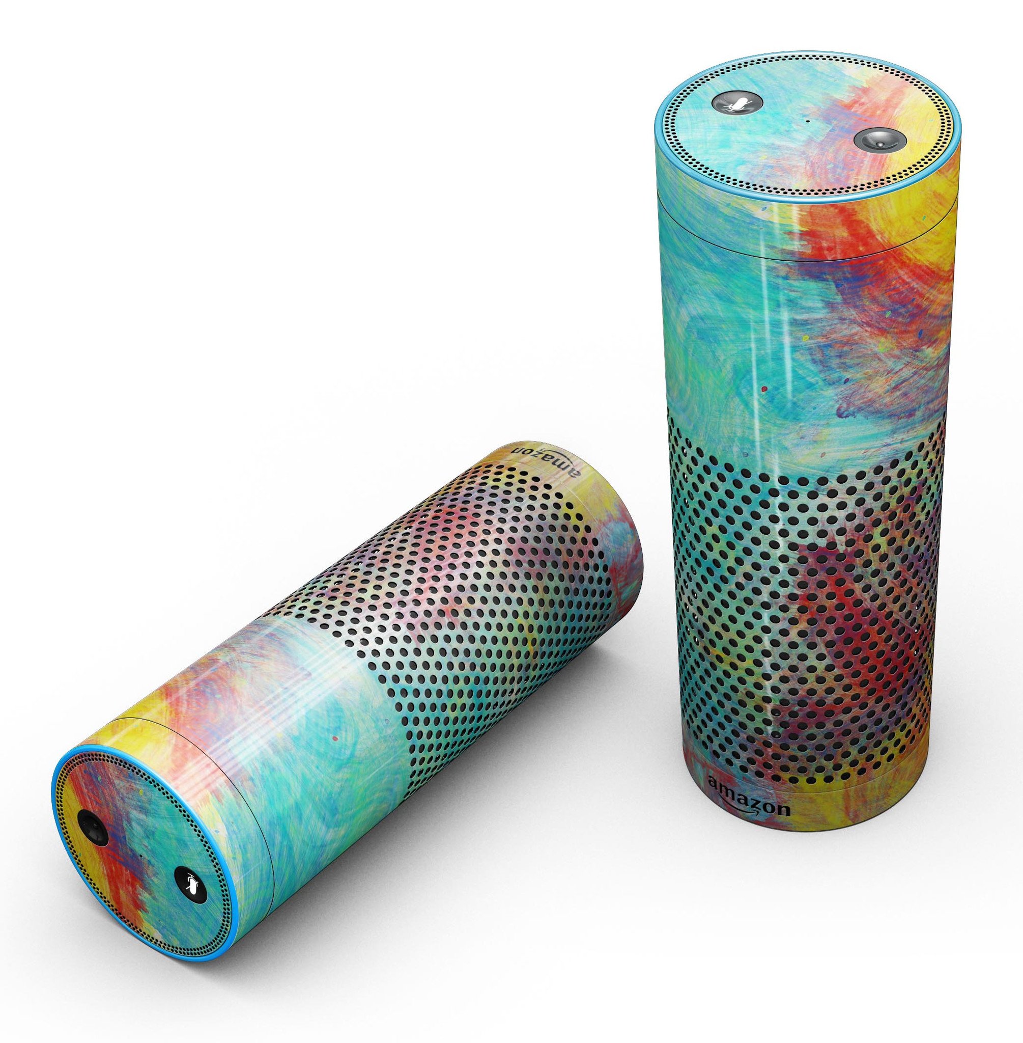Vibrant colored messy painted canvas skin-kit for Amazon Echo, showcasing artistic designs and full-body coverage.