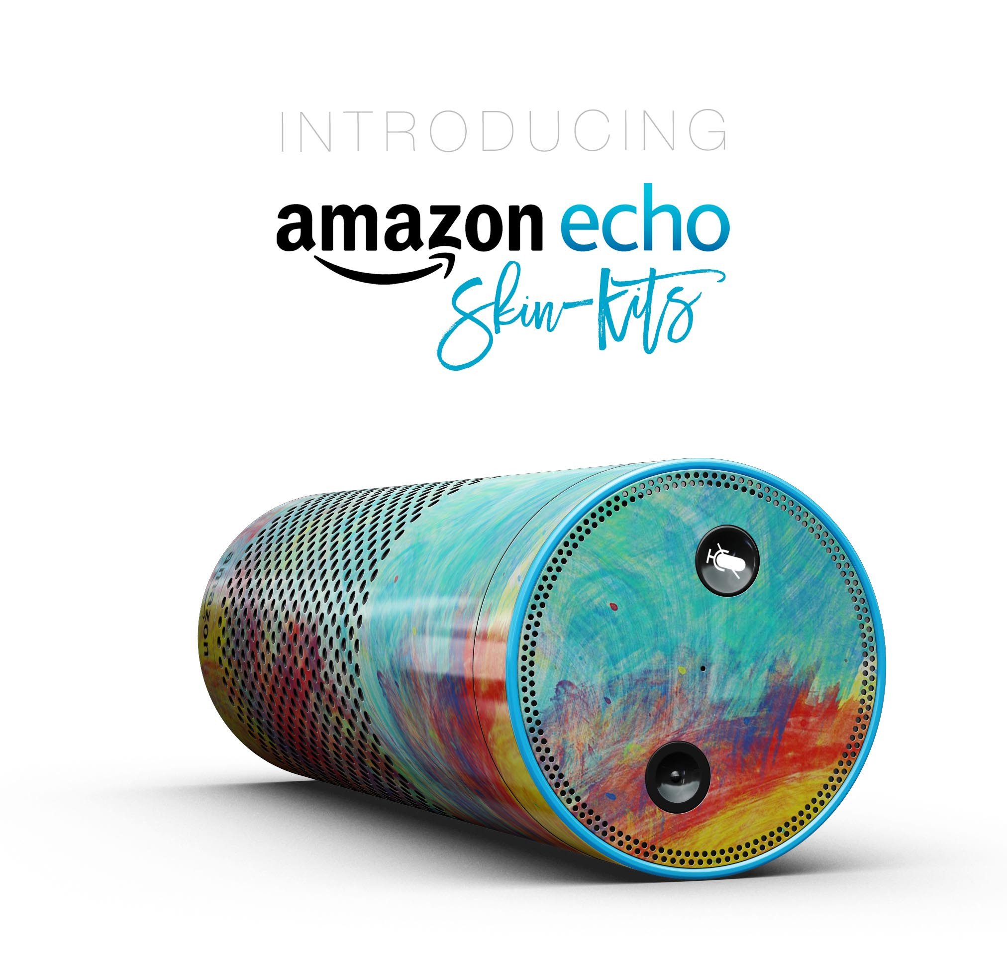 Vibrant colored messy painted canvas skin-kit for Amazon Echo, showcasing artistic designs and full-body coverage.