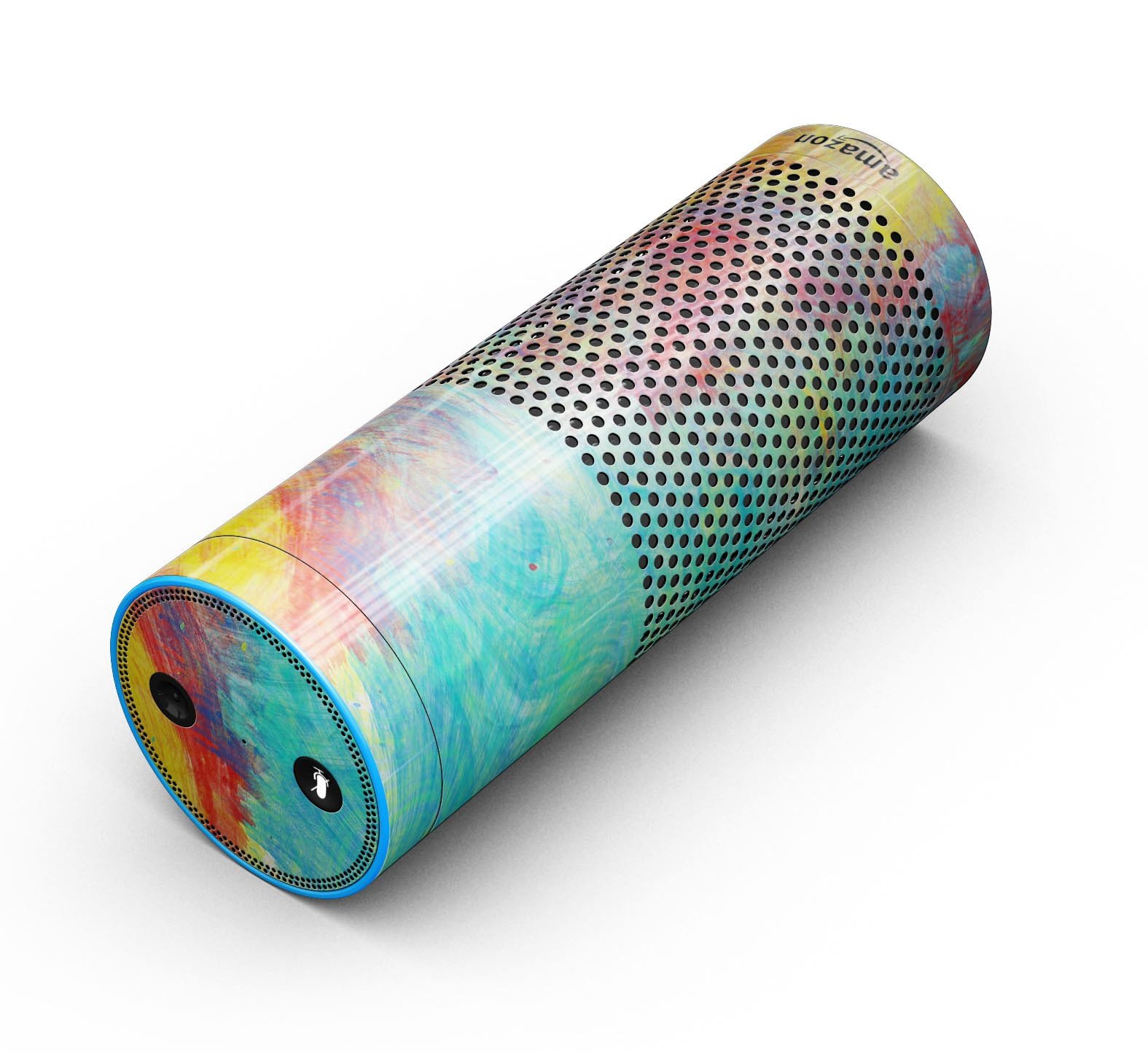 Vibrant colored messy painted canvas skin-kit for Amazon Echo, showcasing artistic designs and full-body coverage.