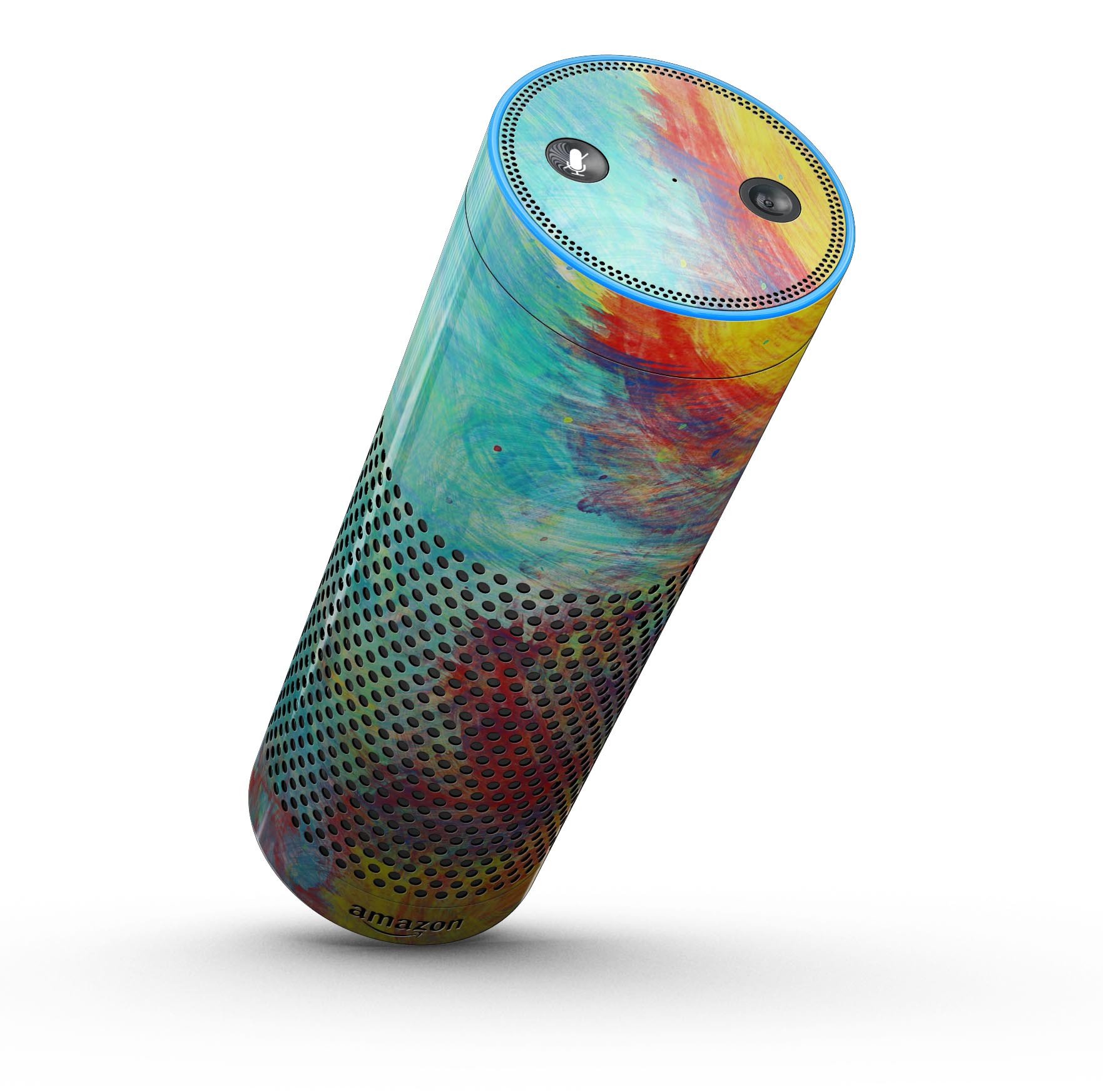Vibrant colored messy painted canvas skin-kit for Amazon Echo, showcasing artistic designs and full-body coverage.