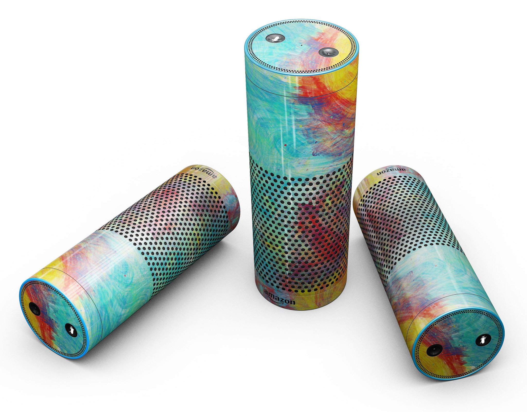 Vibrant colored messy painted canvas skin-kit for Amazon Echo, showcasing artistic designs and full-body coverage.