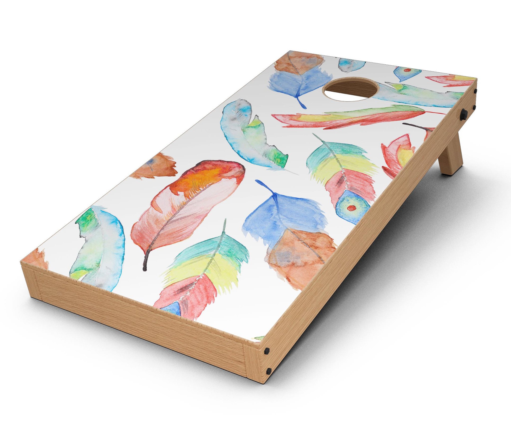 Vibrant Colorful Brushed Feathers Cornhole Board Skin Decal Kit displayed on a Cornhole board, showcasing its bright colors and feather design.