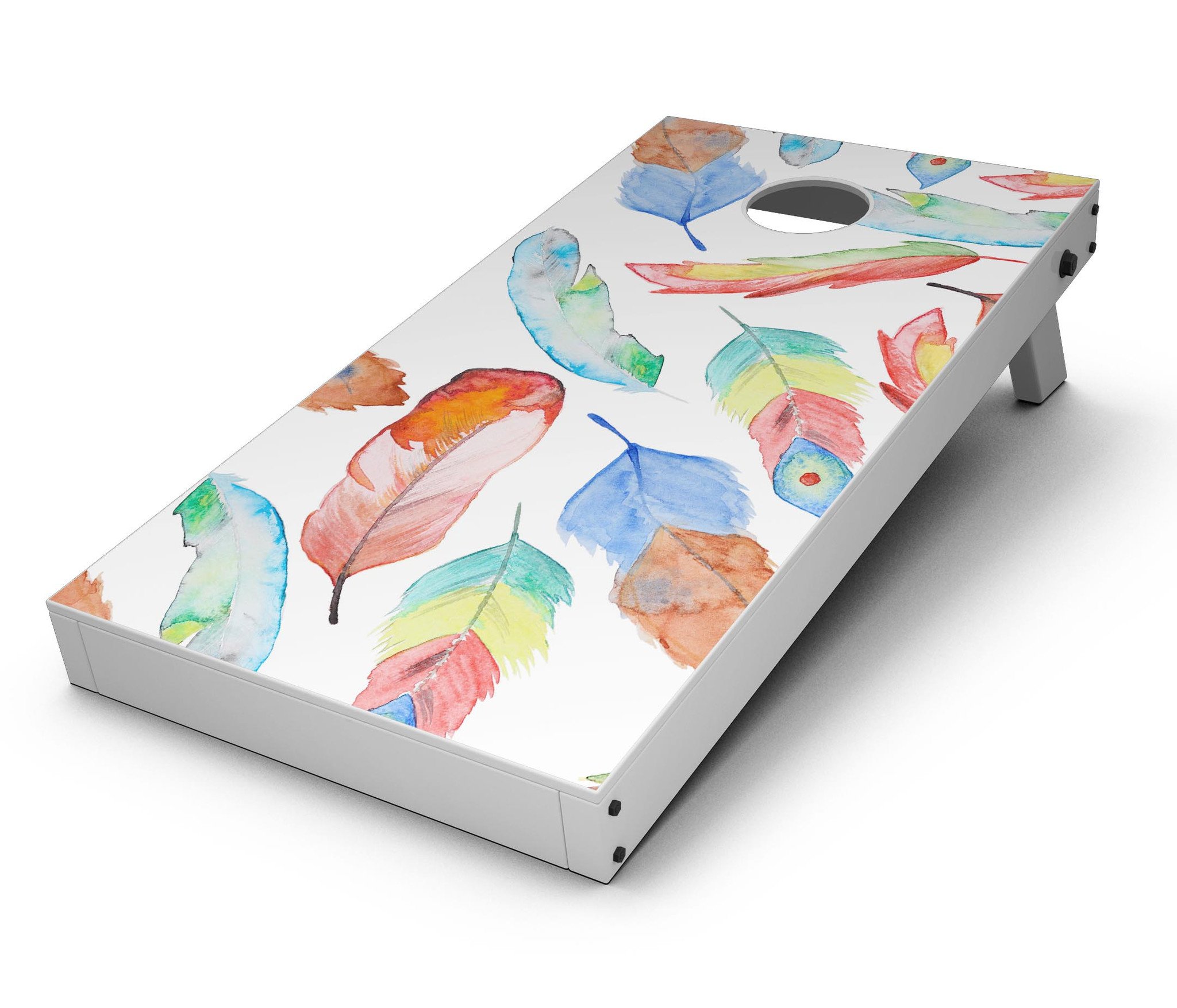 Vibrant Colorful Brushed Feathers Cornhole Board Skin Decal Kit displayed on a Cornhole board, showcasing its bright colors and feather design.