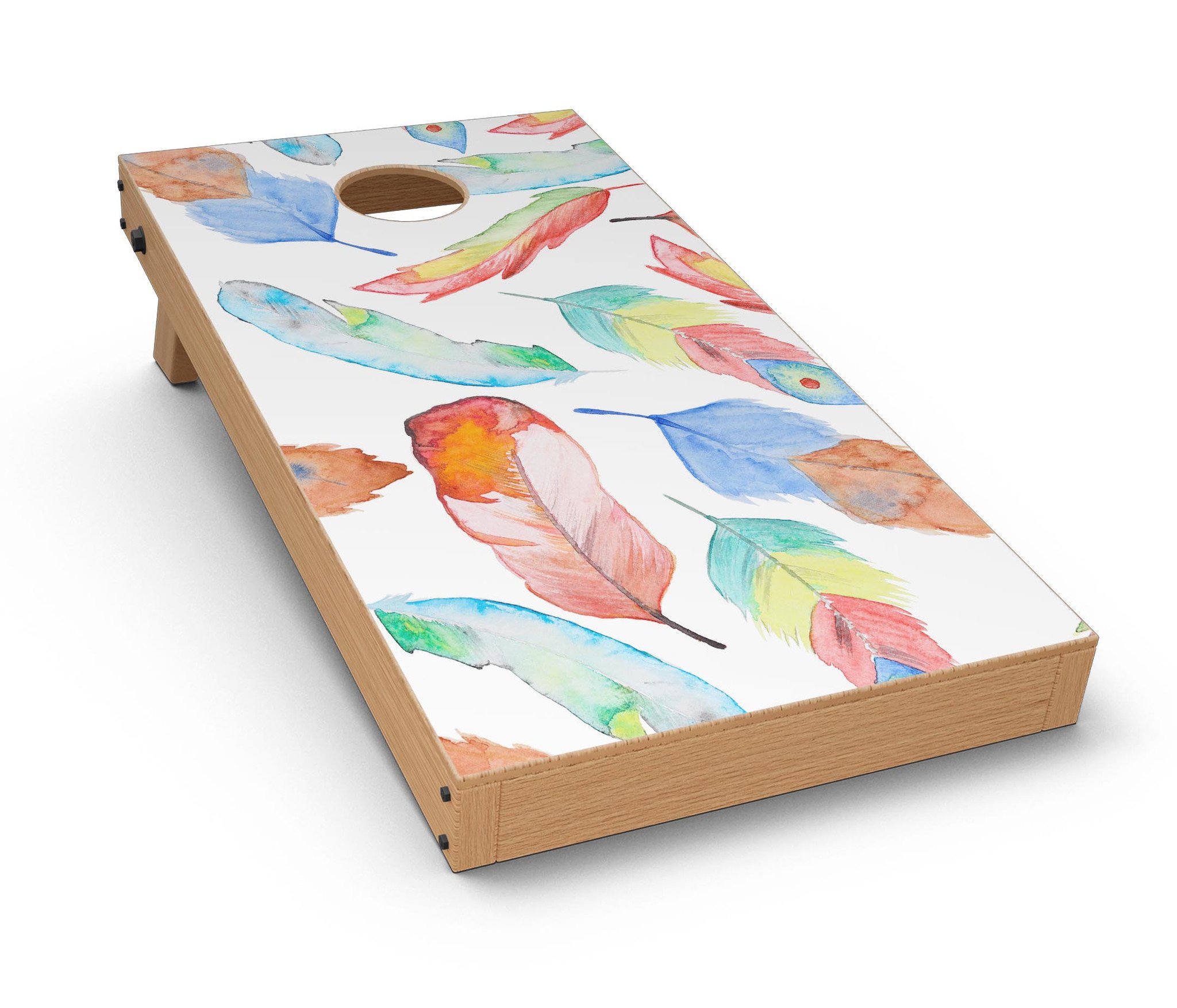 Vibrant Colorful Brushed Feathers Cornhole Board Skin Decal Kit displayed on a Cornhole board, showcasing its bright colors and feather design.