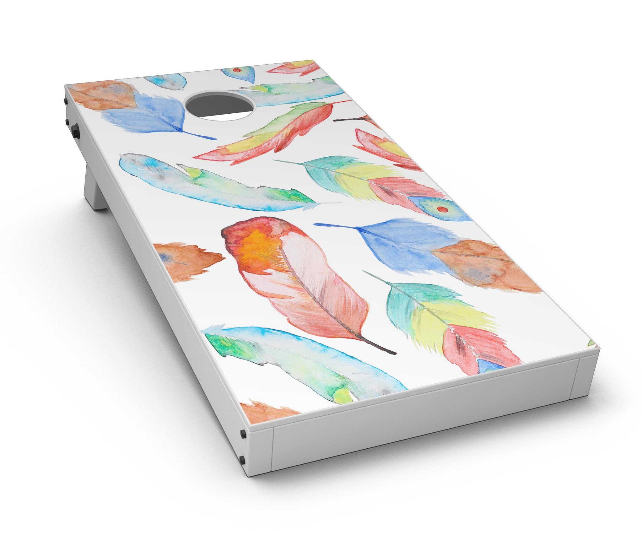 Vibrant Colorful Brushed Feathers Cornhole Board Skin Decal Kit displayed on a Cornhole board, showcasing its bright colors and feather design.