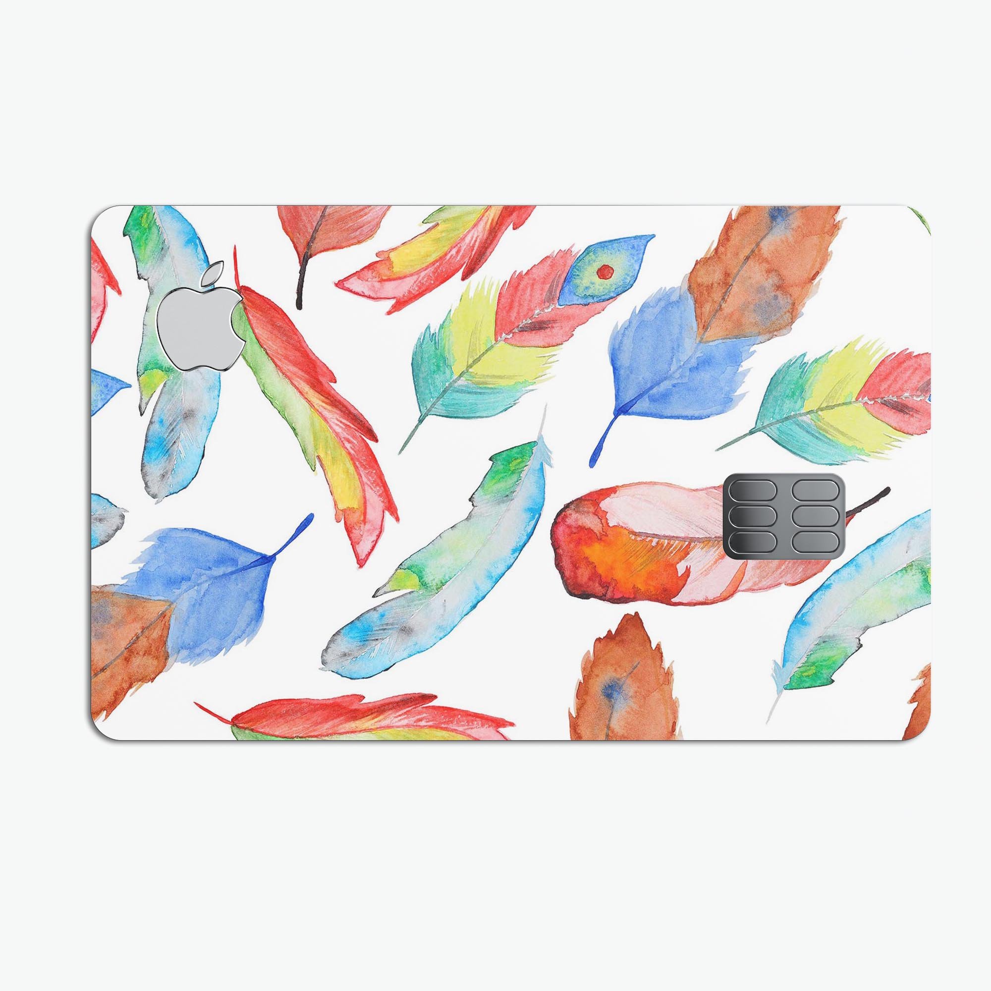 Vibrant Colorful Brushed Feathers skin kit for Apple Card, showcasing its premium vinyl material and stylish design.