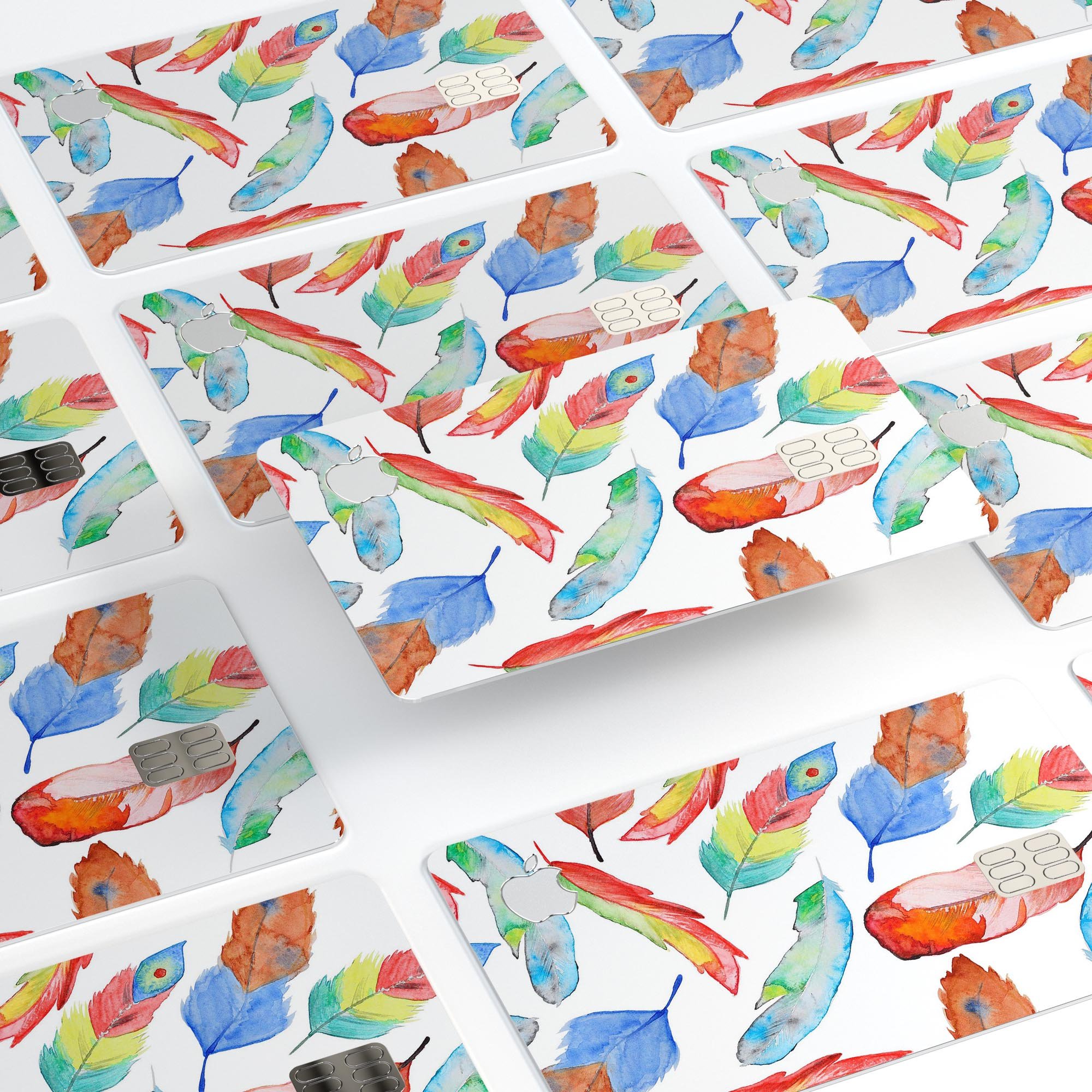 Vibrant Colorful Brushed Feathers skin kit for Apple Card, showcasing its premium vinyl material and stylish design.