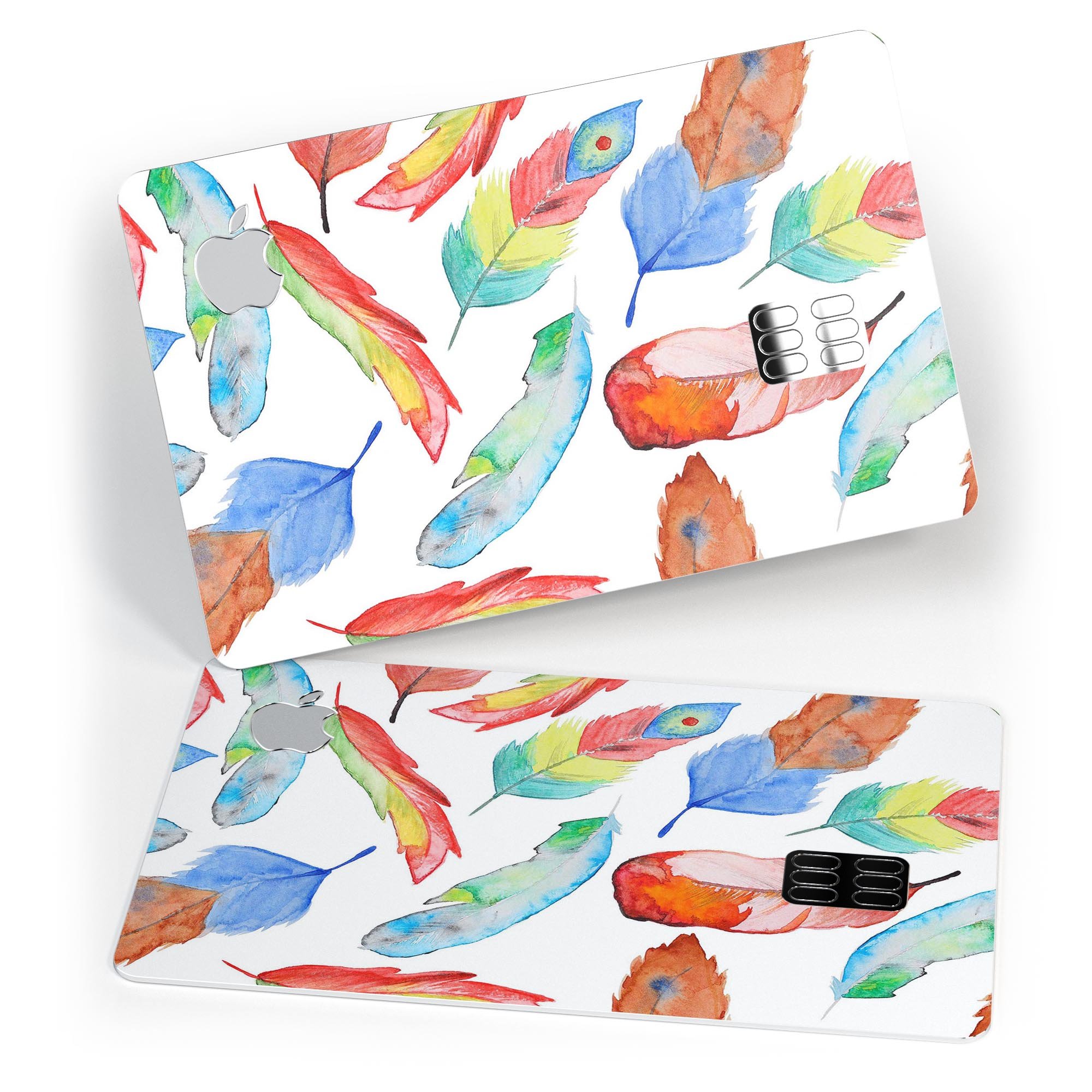 Vibrant Colorful Brushed Feathers skin kit for Apple Card, showcasing its premium vinyl material and stylish design.