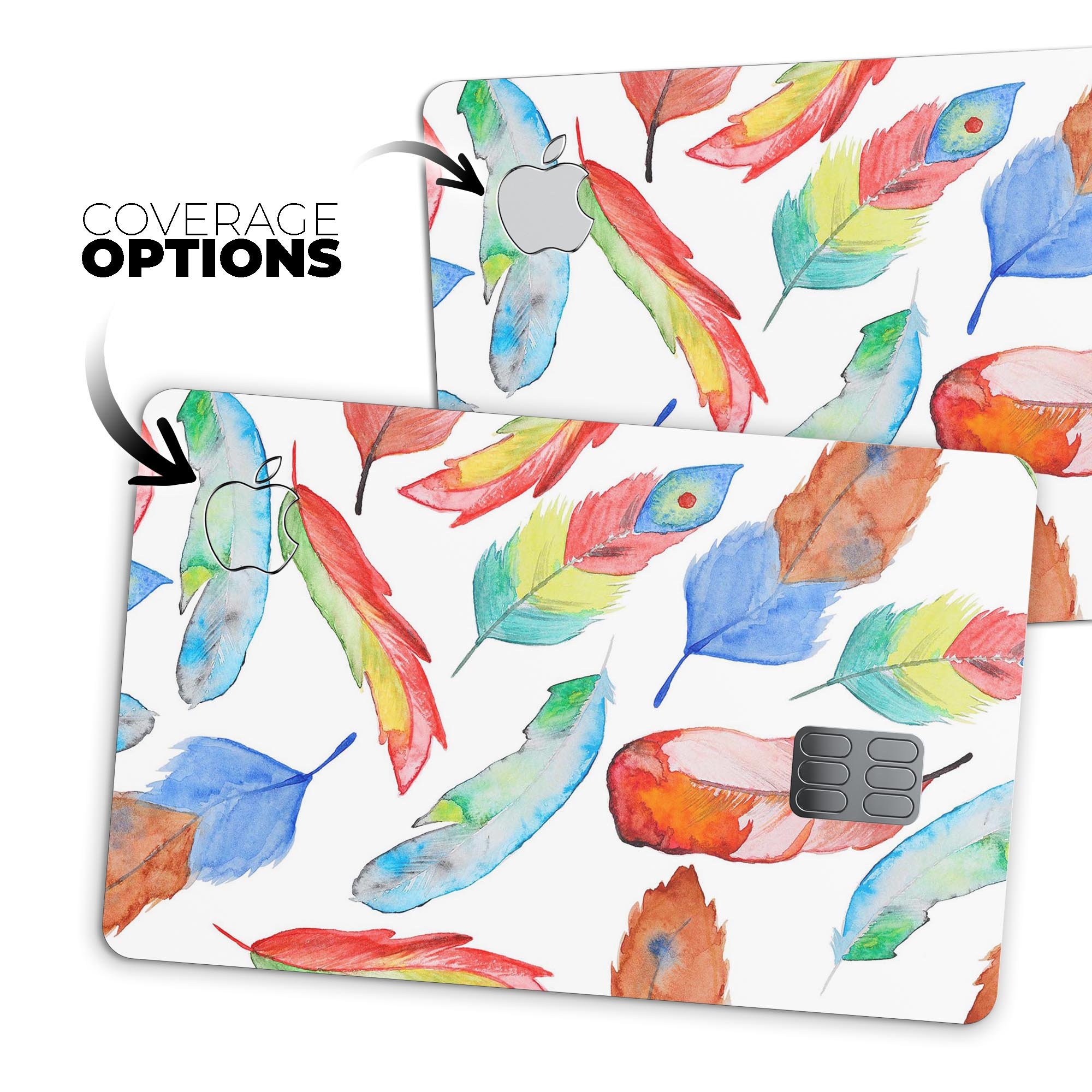 Vibrant Colorful Brushed Feathers skin kit for Apple Card, showcasing its premium vinyl material and stylish design.