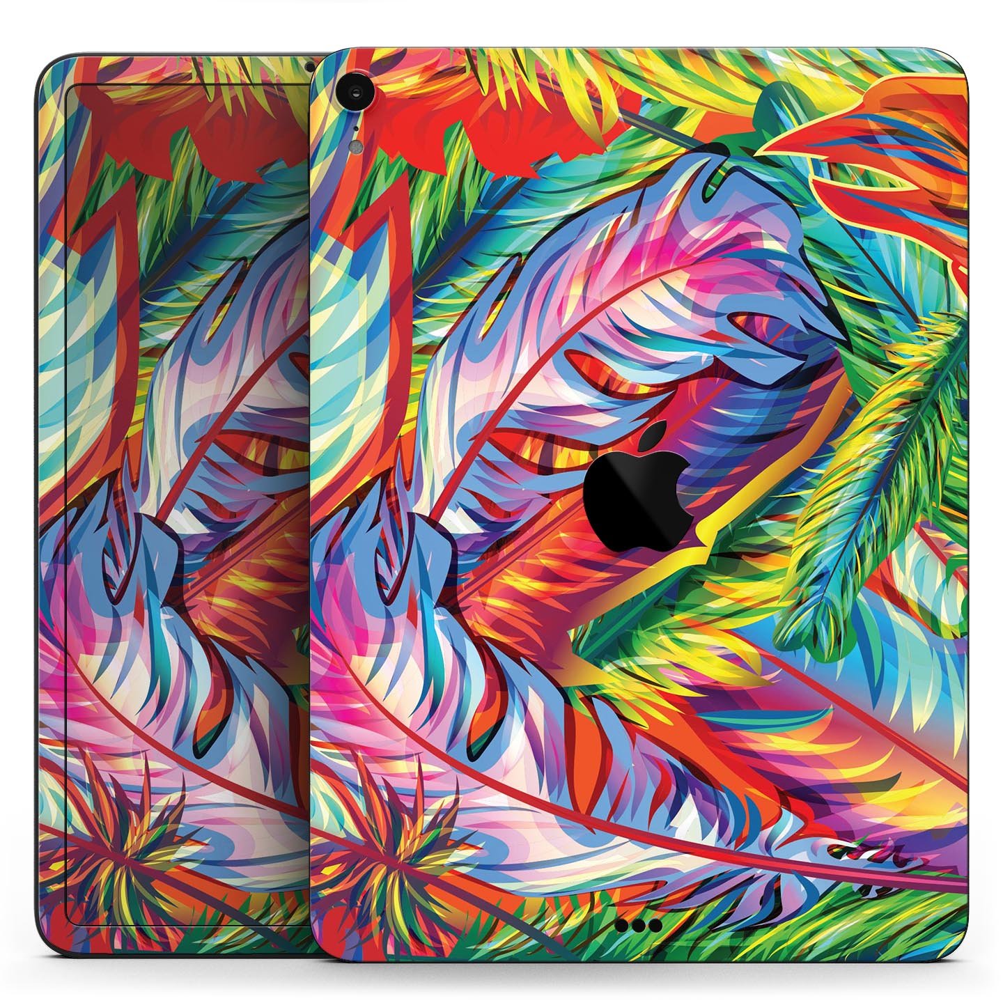 Vibrant colorful feathers skin decal for Apple iPad, showcasing intricate feather designs and premium finish.