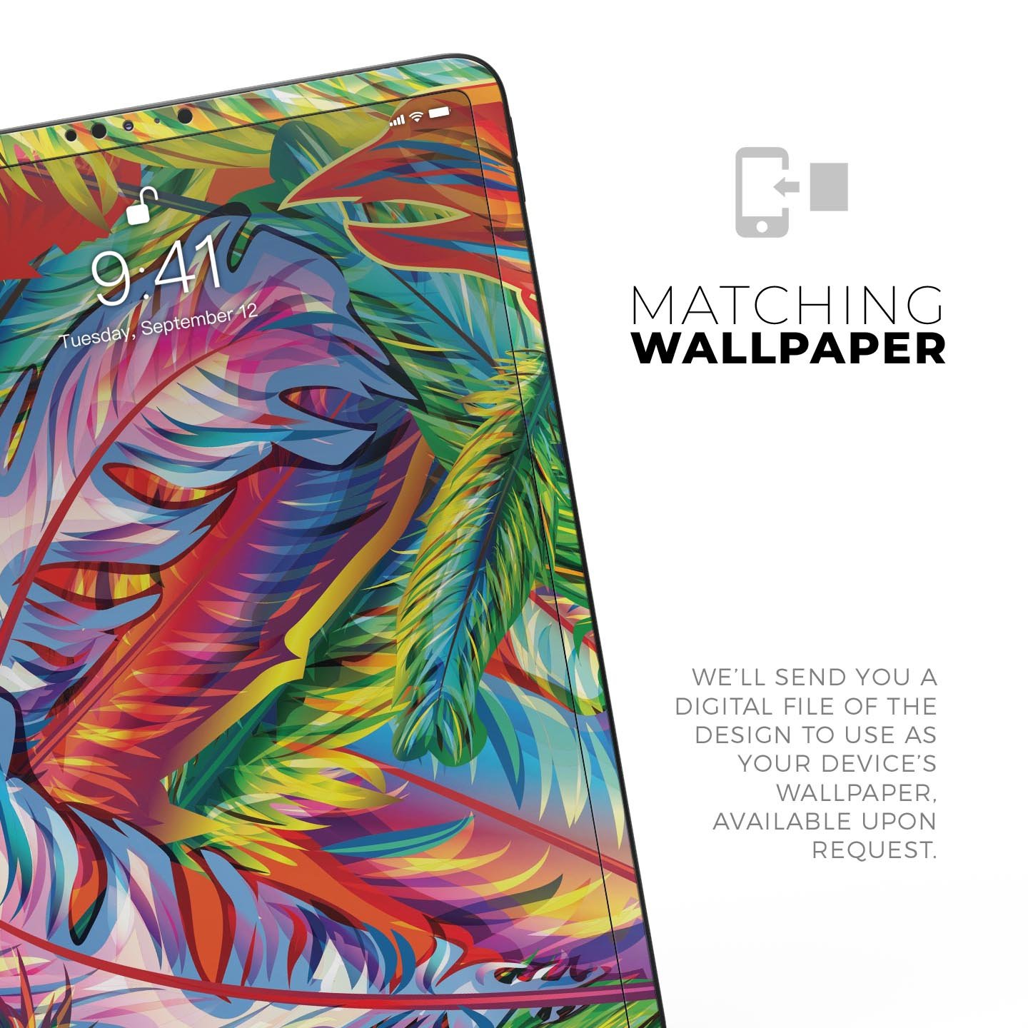 Vibrant colorful feathers skin decal for Apple iPad, showcasing intricate feather designs and premium finish.