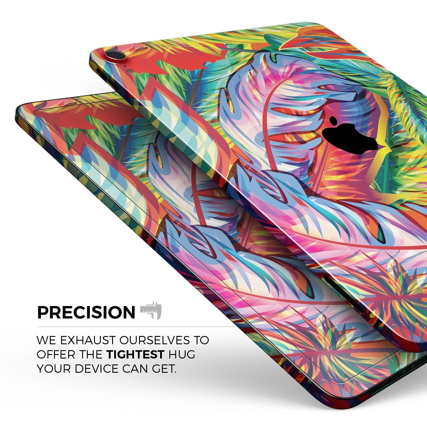 Vibrant colorful feathers skin decal for Apple iPad, showcasing intricate feather designs and premium finish.