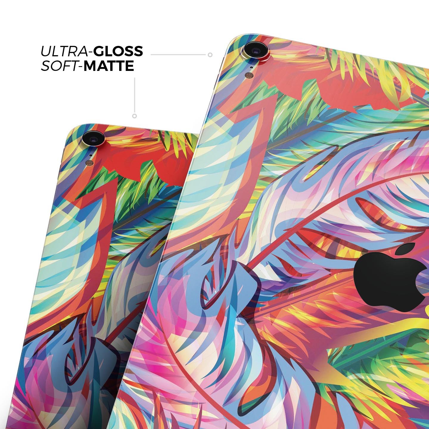Vibrant colorful feathers skin decal for Apple iPad, showcasing intricate feather designs and premium finish.