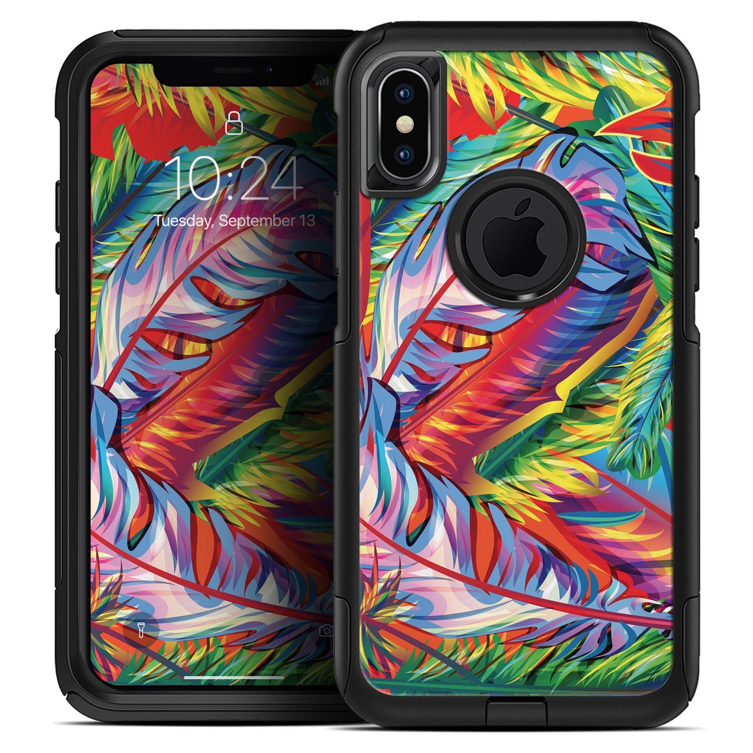 Vibrant Colorful Feathers Skin Kit for iPhone OtterBox Cases showcasing colorful feather designs on a sleek surface.