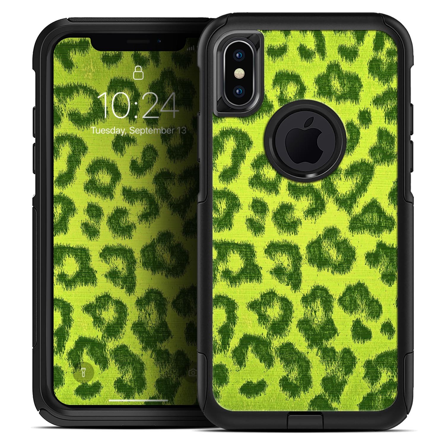 Vibrant Green Cheetah Skin Kit for iPhone OtterBox Cases, showcasing a stylish design with dual-layer protection.