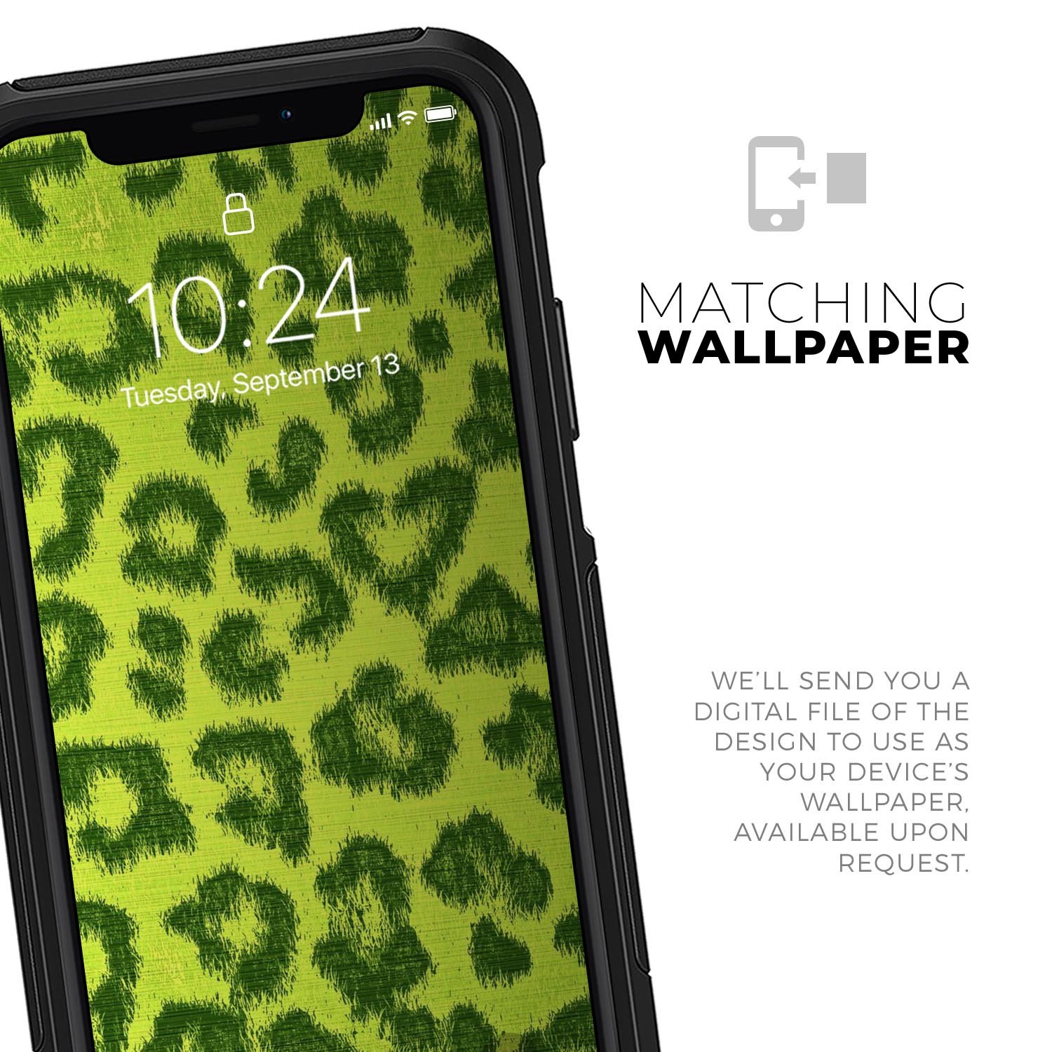 Vibrant Green Cheetah Skin Kit for iPhone OtterBox Cases, showcasing a stylish design with dual-layer protection.