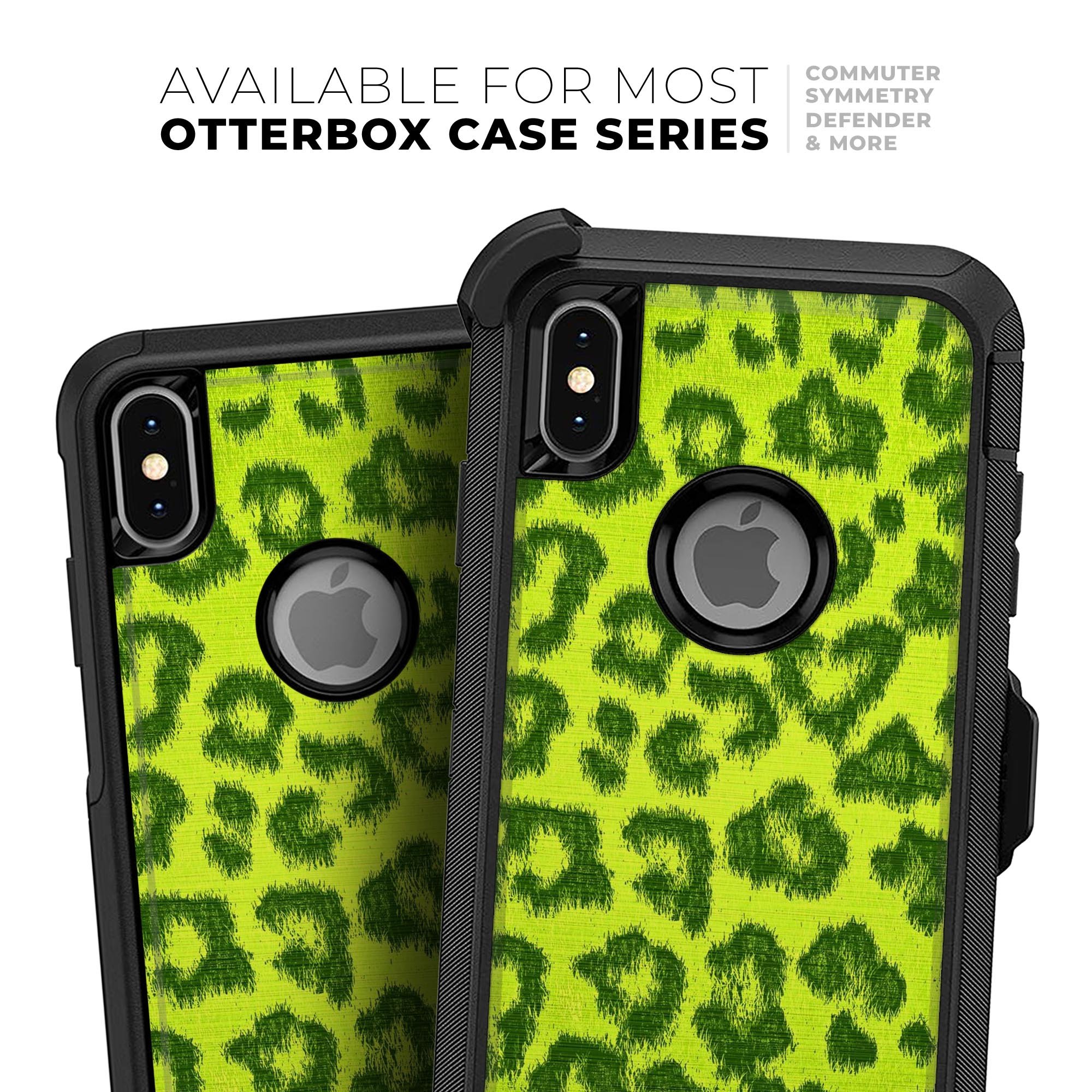 Vibrant Green Cheetah Skin Kit for iPhone OtterBox Cases, showcasing a stylish design with dual-layer protection.