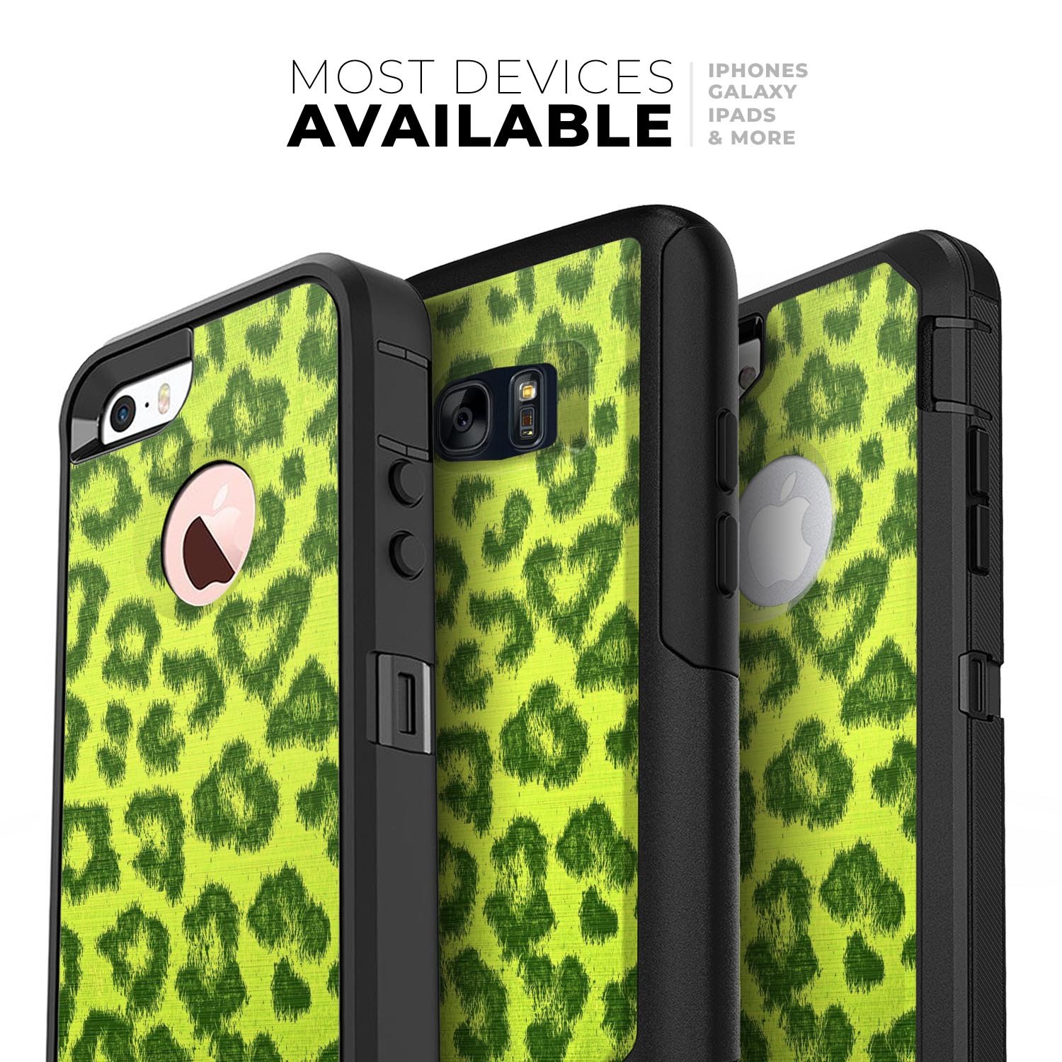 Vibrant Green Cheetah Skin Kit for iPhone OtterBox Cases, showcasing a stylish design with dual-layer protection.