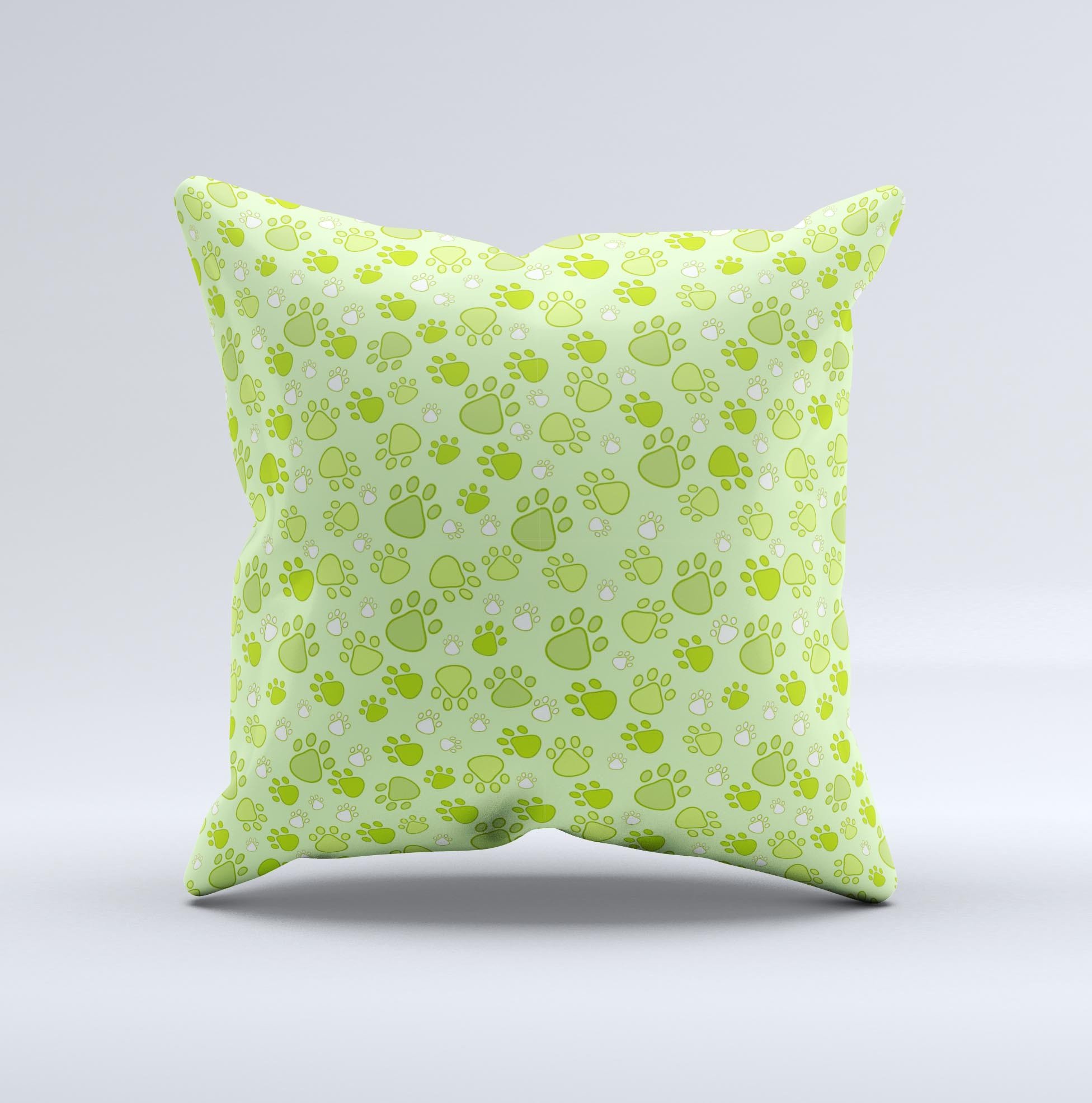 Vibrant green decorative throw pillow featuring paw prints, showcasing a unique hand-made design and high-quality fabric.