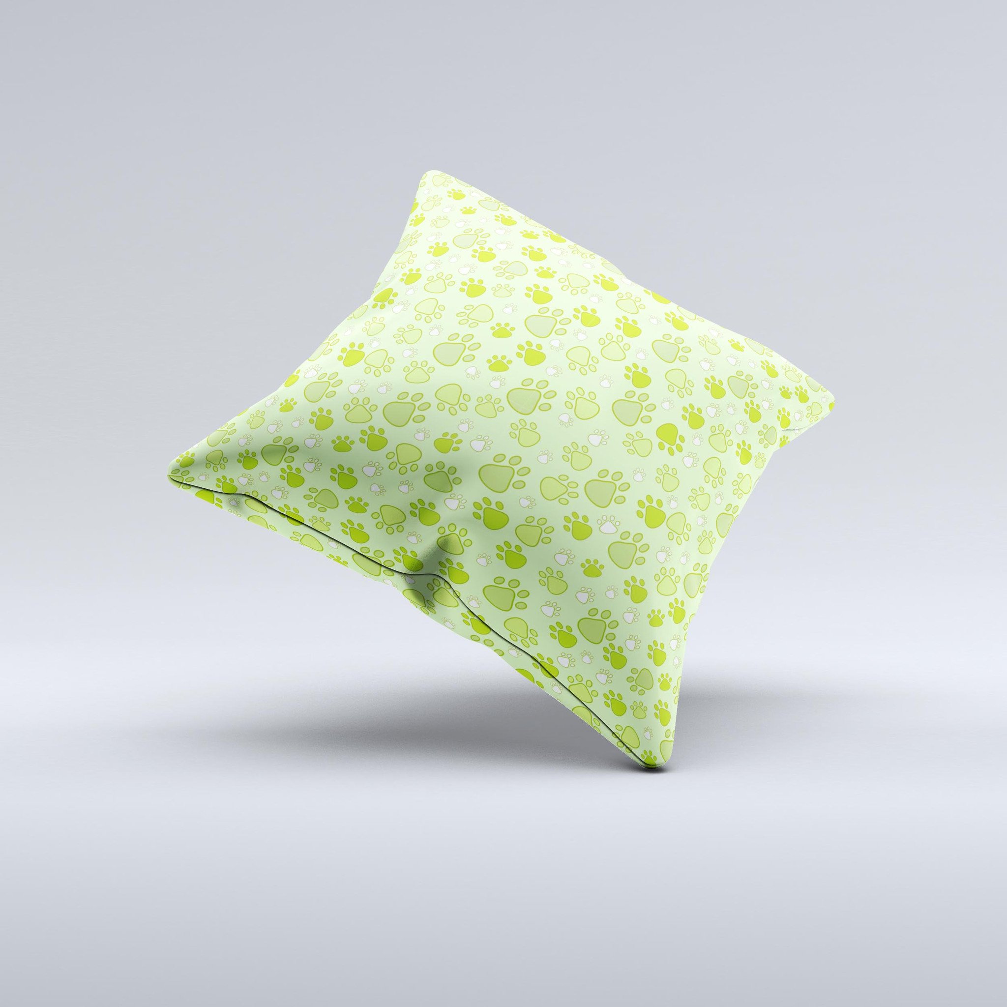 Vibrant green decorative throw pillow featuring paw prints, showcasing a unique hand-made design and high-quality fabric.