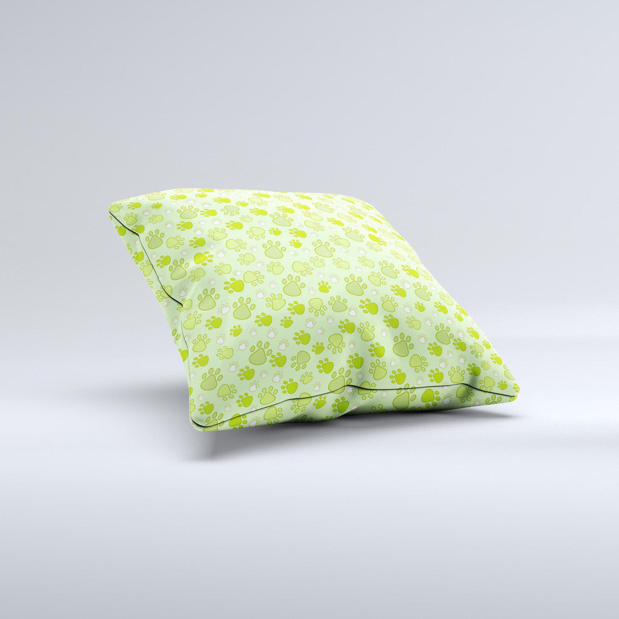 Vibrant green decorative throw pillow featuring paw prints, showcasing a unique hand-made design and high-quality fabric.