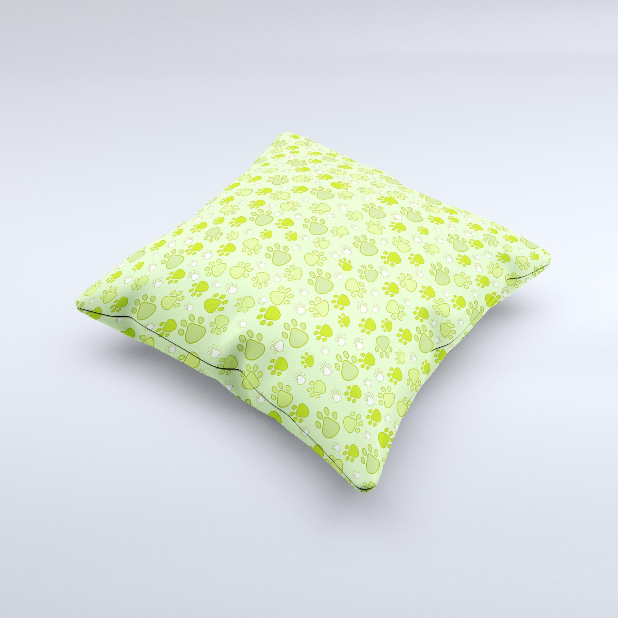 Vibrant green decorative throw pillow featuring paw prints, showcasing a unique hand-made design and high-quality fabric.