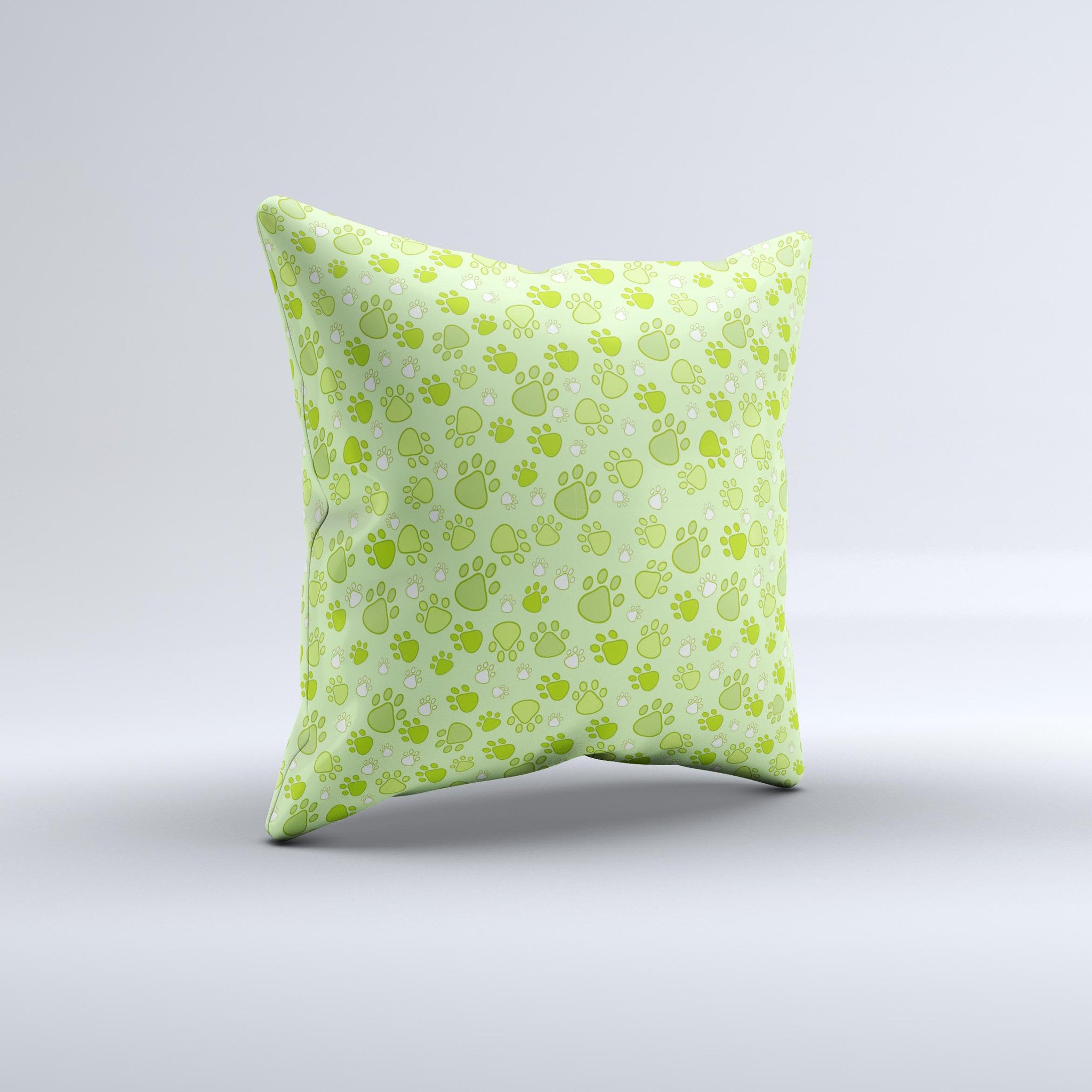 Vibrant green decorative throw pillow featuring paw prints, showcasing a unique hand-made design and high-quality fabric.