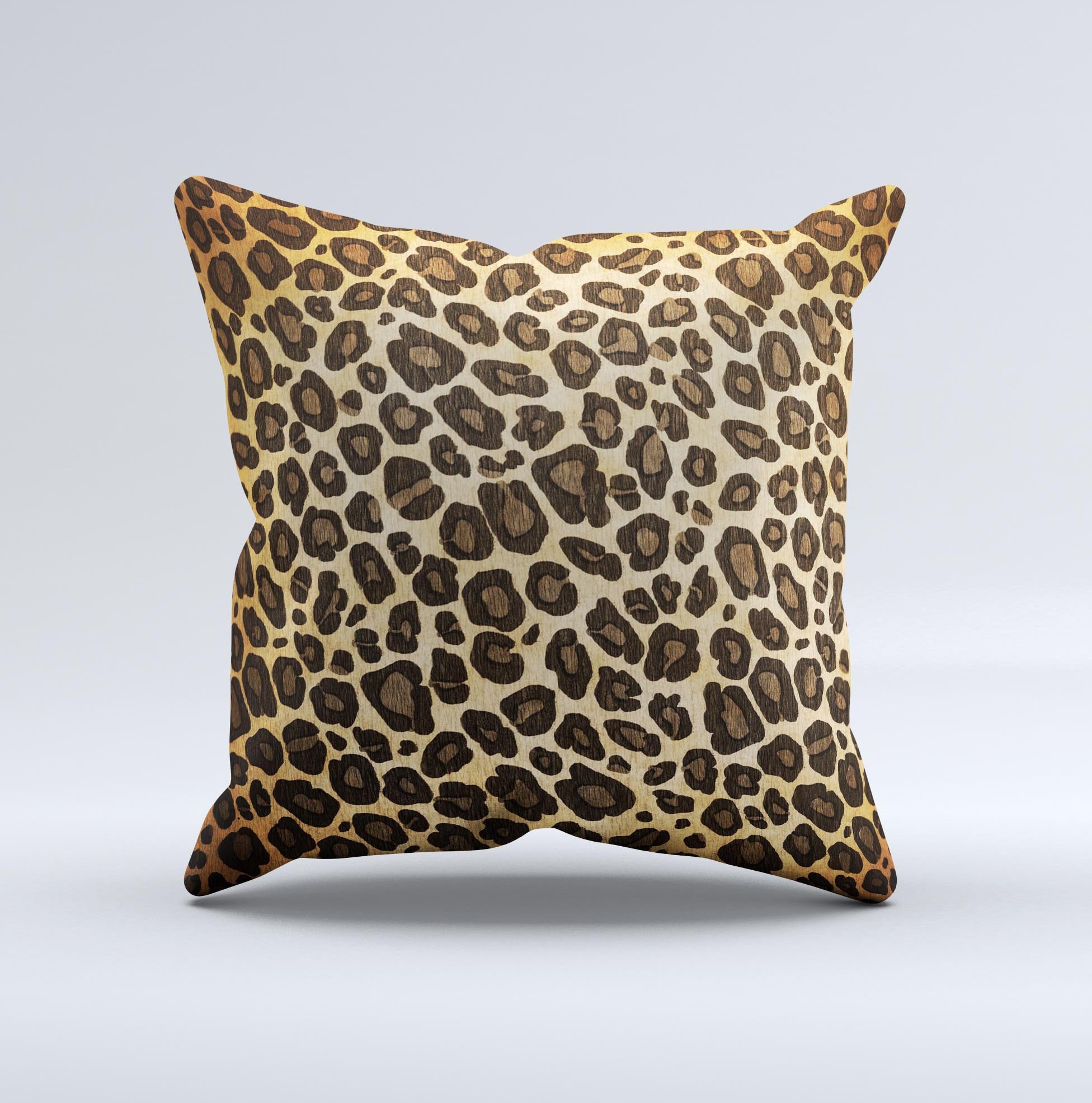 Vibrant Leopard Print V23 ink-Fuzed Decorative Throw Pillow showcasing a unique leopard pattern with a high thread count fabric, handcrafted in Virginia.