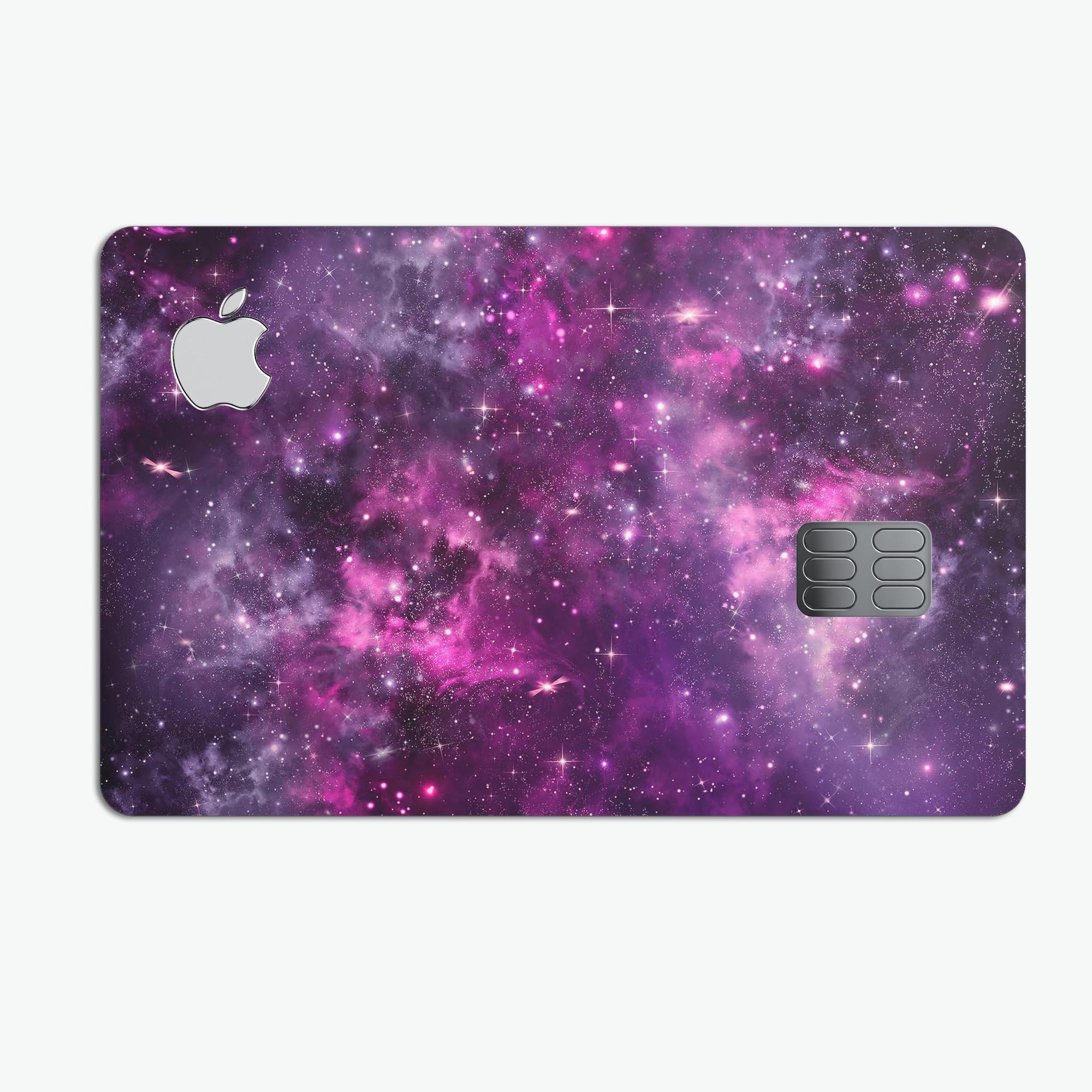 Vibrant Purple Deep Space decal skin applied to an Apple Card, showcasing its glossy finish and protective features.