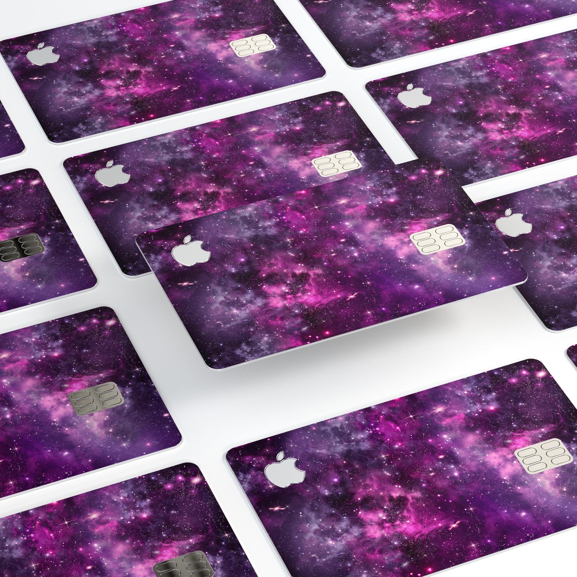 Vibrant Purple Deep Space decal skin applied to an Apple Card, showcasing its glossy finish and protective features.