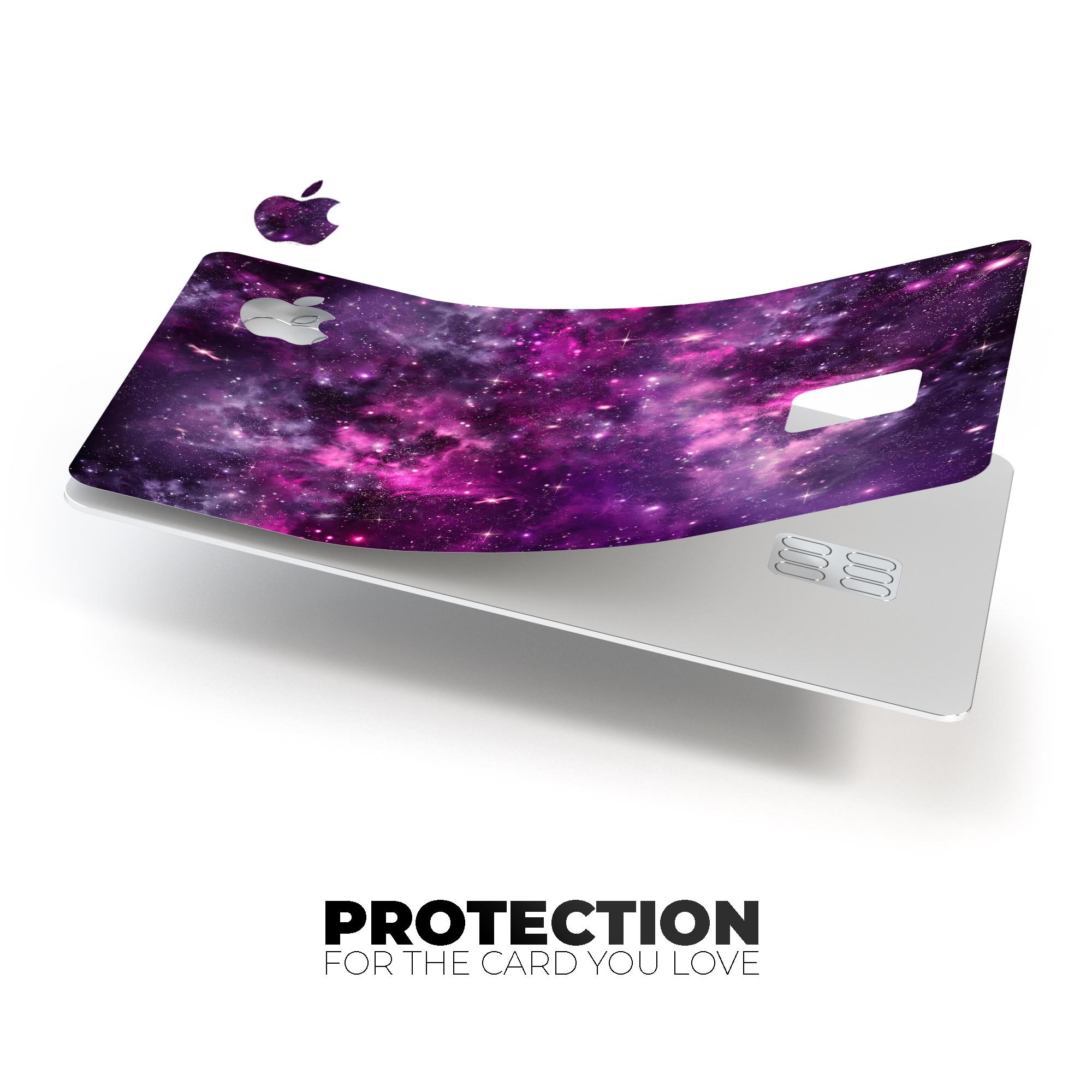 Vibrant Purple Deep Space decal skin applied to an Apple Card, showcasing its glossy finish and protective features.