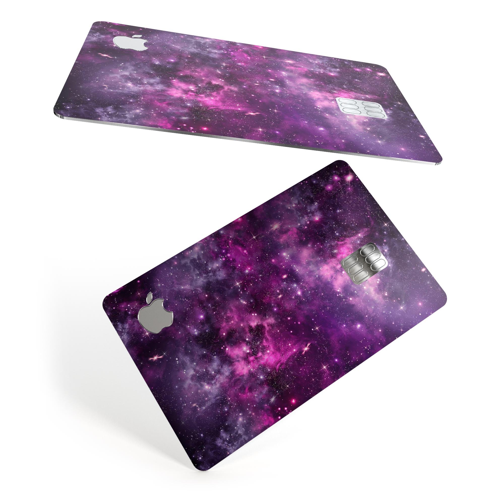 Vibrant Purple Deep Space decal skin applied to an Apple Card, showcasing its glossy finish and protective features.